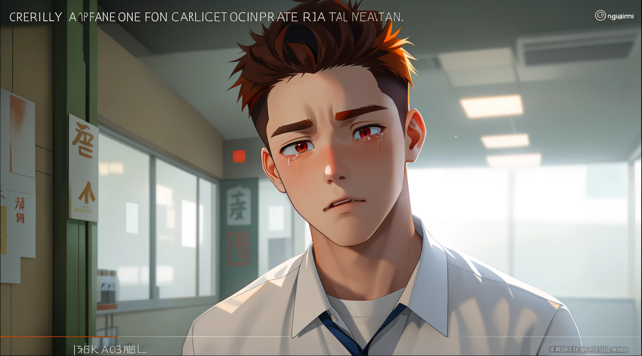 young student 18 year old man is haggard with red eyes from crying he is sad and angry orange hair orange eyes he is drunk he has drunk liquor