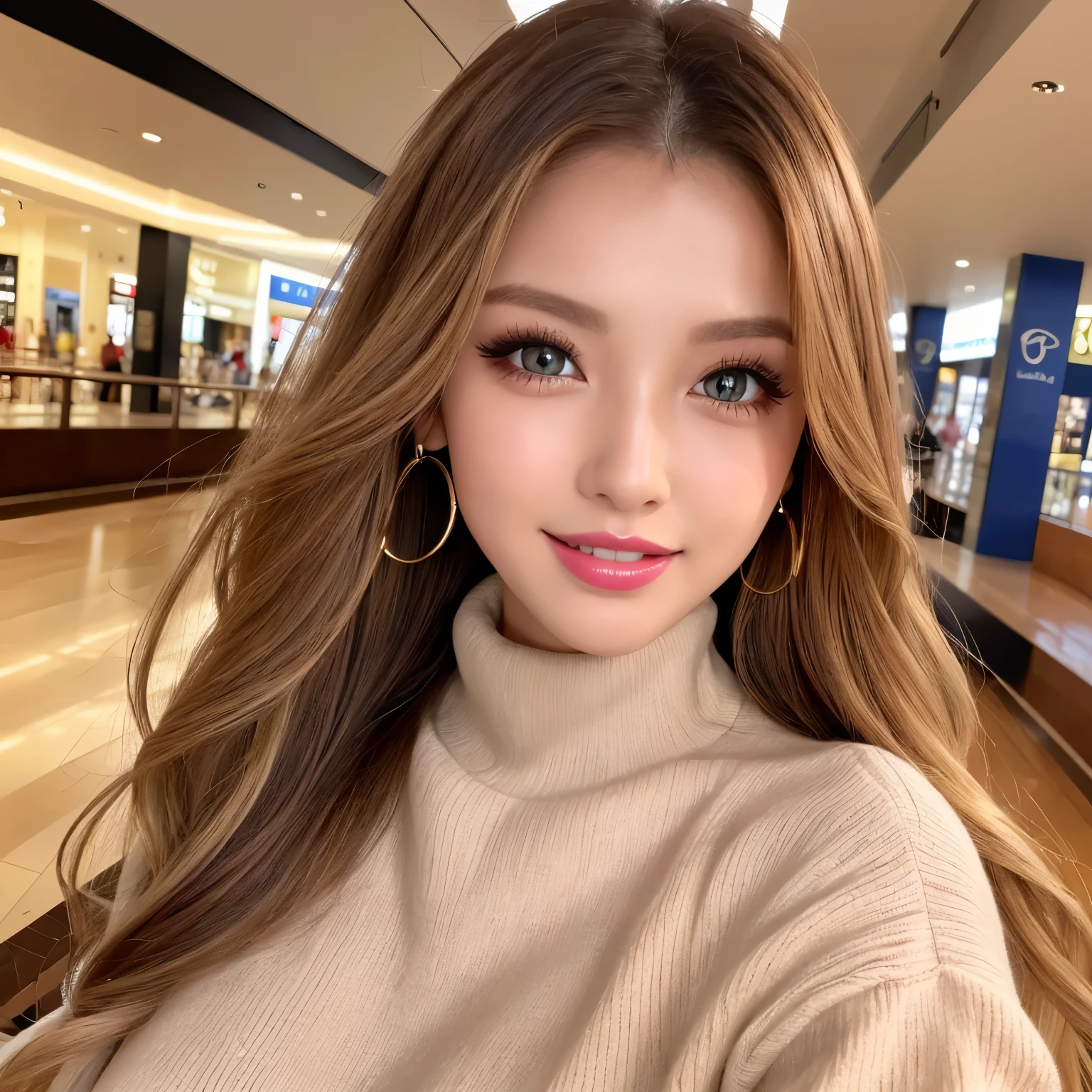 ((highest quality, table top, Super high resolution、the most complex and detailed depiction))、(Very bright lighting:1.1)、(Beautiful woman in a turtleneck sweater:1.1)、(long wavy hair:1.05), (accurate anatomy:1.1)、color contacts、perfect makeup、long eyelashes、lipstick、highly saturated eyeshadow、Tight knitwear、perfect fit、emphasize body line、(big and full breasts:1.1)、perfect turtleneck knit sweater、blurred background, look at me and smile、The background is the interior of a large shopping mall.、(close up of face:1.1)、(Super high-resolution lustrous, fair-skinned skin:1.1)、Ultra-high resolution face、super high resolution hair、Super high resolution sparkling eyes、Super high resolution glossy lips、(very brightly illuminated fair skin:1.1)、Beautiful face drawn in great detail、Super high resolution perfect beautiful teeth、(very bright and vivid:1.1)