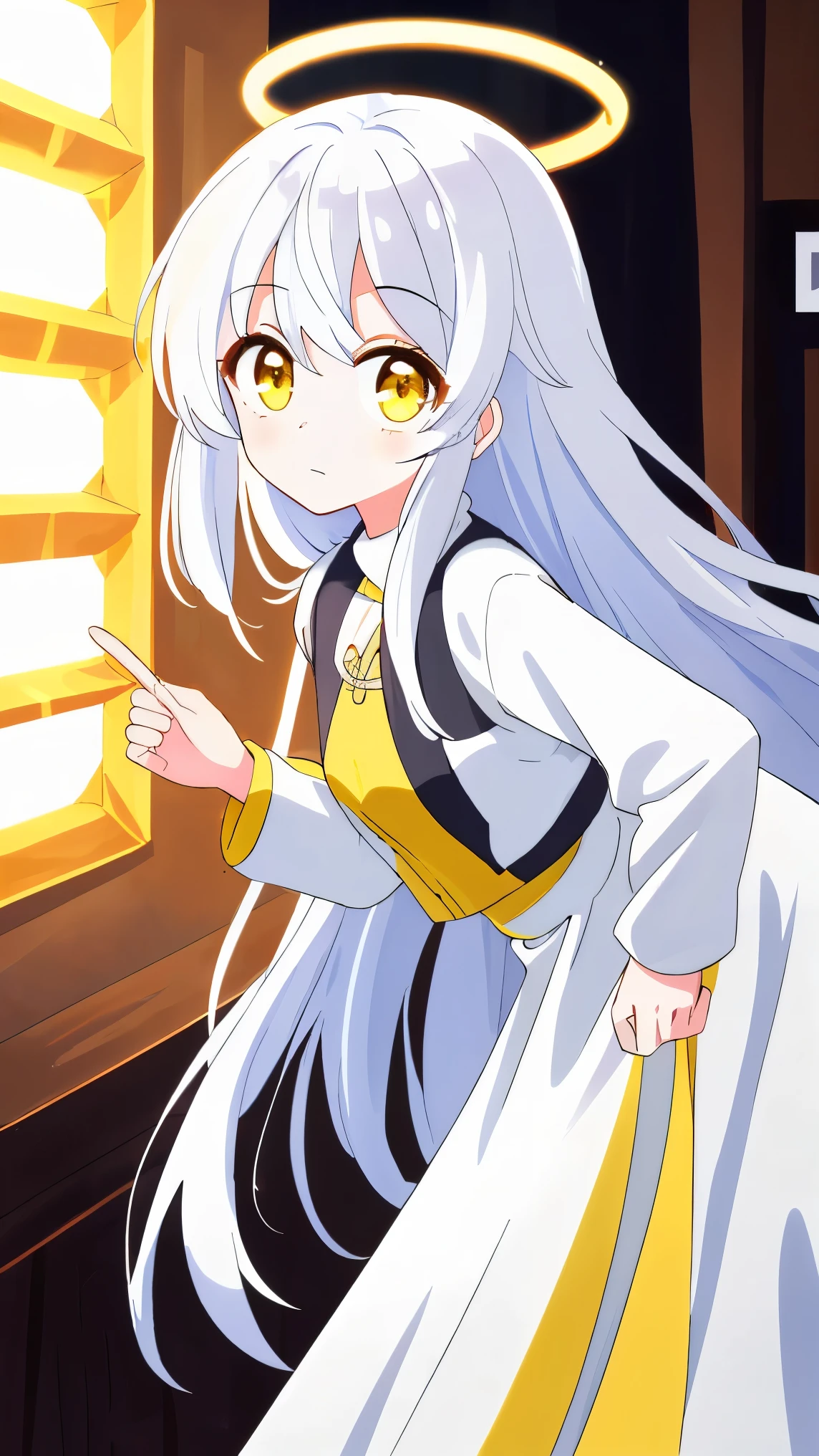 ((highest quality)), ((masterpiece)), (be familiar with), perfect face、最高masterpiece、high resolution、Beautiful white haired girl, fluffy, slightly long、perfect yellow eyes、leaning forward、heavenly light、halo、screen、aura、Soft warm colors、lightly dressed、young lady