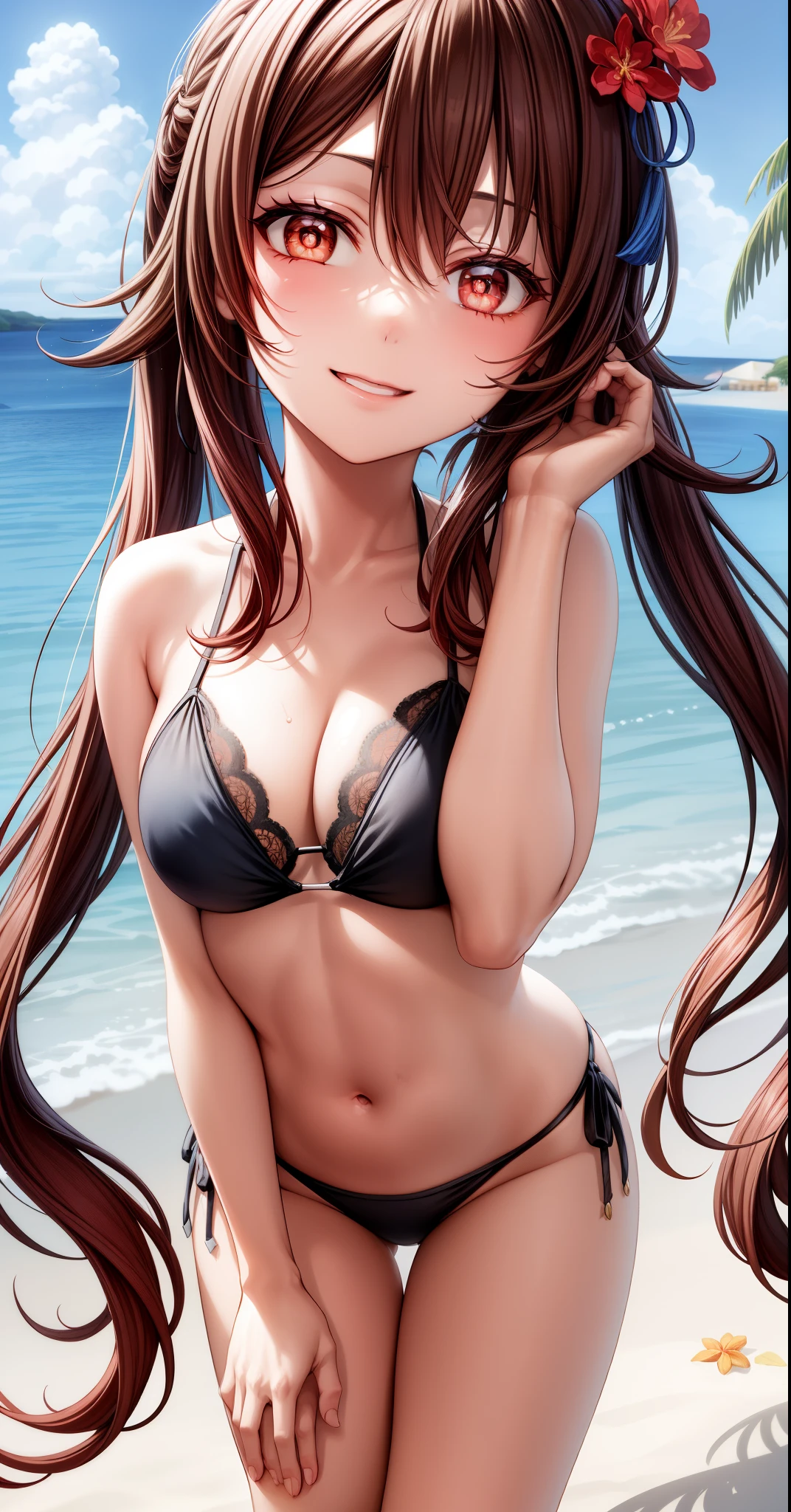 anime, beautiful face, highly detailed face, 2 accurate legs, red detailed eyes, flower pupils, highly detailed beach background, perfect lighting, best lighting, 1girl, solo, hu tao, genshin impact, outdoors, on the beach, (beautiful brown hair:1.2), absurdres, high res, ultrasharp, 8K, masterpiece, looking at viewer, very excited smile, BREAK (detailed sexy beach bikini:1.3), (intricate all lace:1.2), (sexy pose:1.2), (extremely close up:1.4)