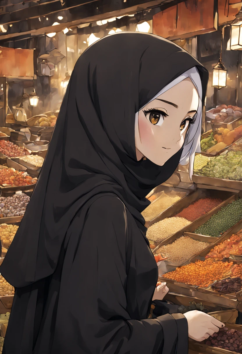 Craft an emotionally resonant anime-style depiction of a young woman's face, aged 24, adorned in a black Abaya and Khimar Hijab. Behind her, a bustling marketplace comes to life, filled with the aroma of spices and the sound of laughter, symbolizing the vibrancy and richness of Islamic culture, while the woman's unadorned eyes reflect the warmth and hospitality of her community.