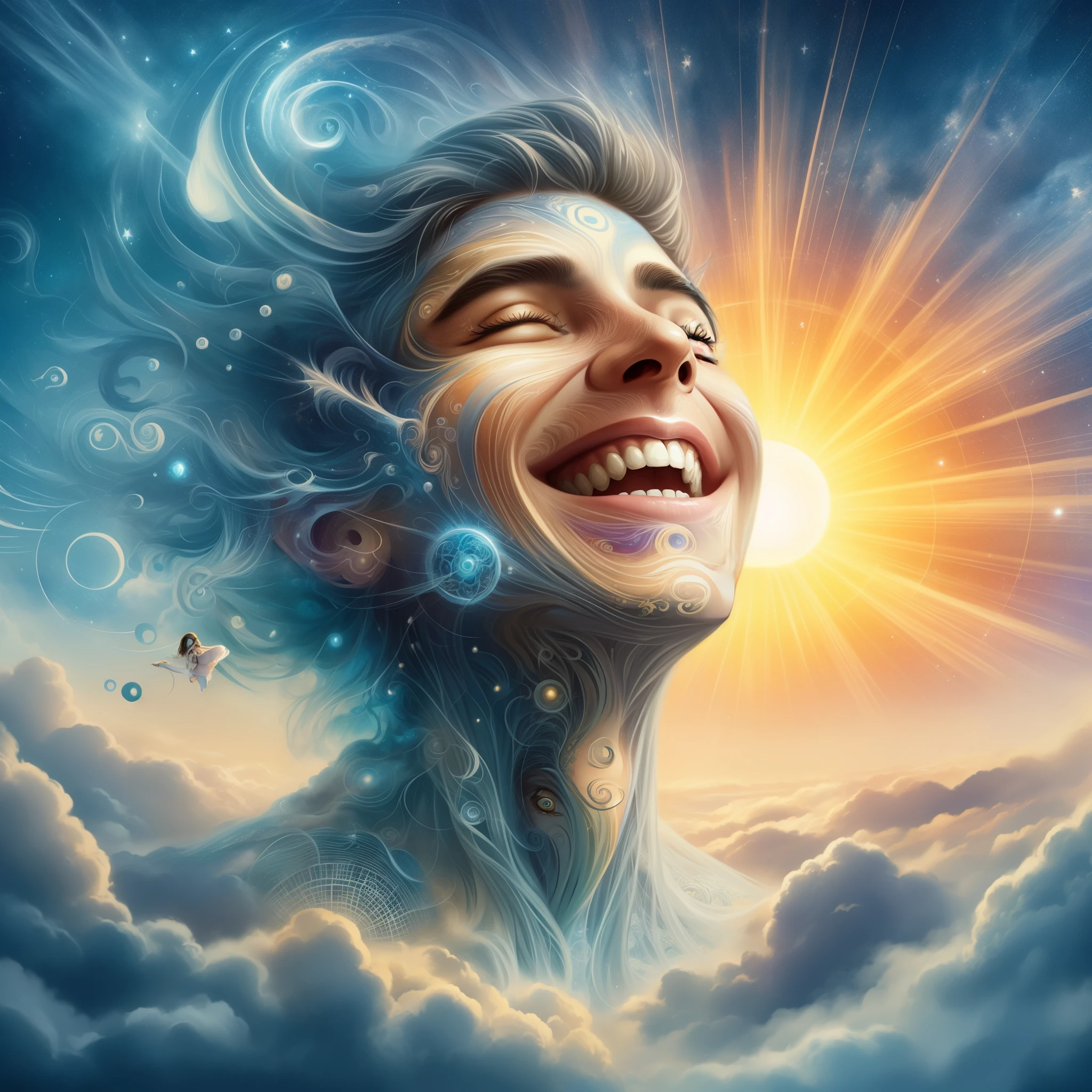 a woman with her eyes closed and her face covered in clouds, fantasy art smug smile man, smiling in heaven, dramatic smile pose intricate, cyril rolando and m.w kaluta, cyril rolando and m. w kaluta, inspired by Cyril Rolando, by Cyril Rolando, happy and spirited expression, in the astral plane ) ) )