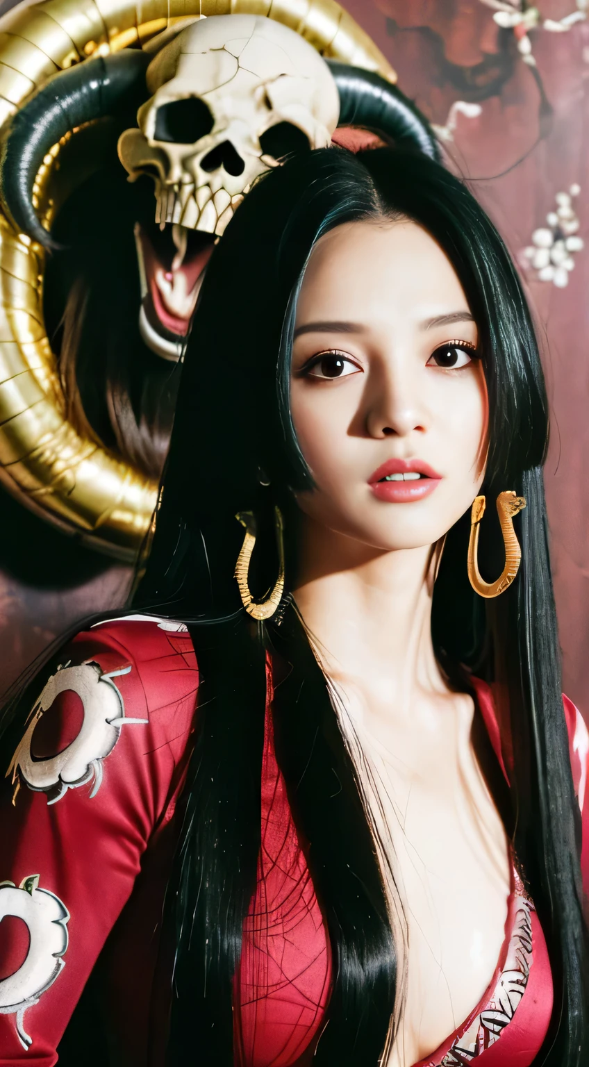 (((masterpiece+best quality+high resolution+ultra-detailed))), boa hancock, long silky black hair, high nose, sharp eyes, noble and inviolable temperament, (([female]: 1.2 + [beauty]: 1.2 + black long hair: 1.2)), skull_snake background, bright eyes, dynamic angle and posture, wallpaper.