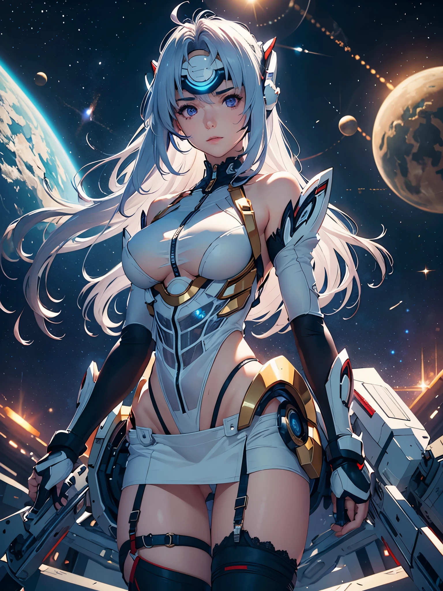 (masterpiece:1.3), (8K、photorealistic, Raw photo, best quality:1.4), (solo), one girl, (((kos-mos))), beautiful face, Beautiful face with perfect symmetry, cute face, (beautiful light blue long hair), With bangs, There is a visor on the forehead, beautiful purple eyes, perfect anatomy, (high detail skin: 1.2), natural breast, beautiful thighs, Natural buttocks, white costume, mini skirt, costume with open chest, Clothes that look like 6 pack abs, Stars and planets can be seen in outer space, standing on the deck of a spaceship, perfect lighting, focus only, perfect anatomy,Front view,