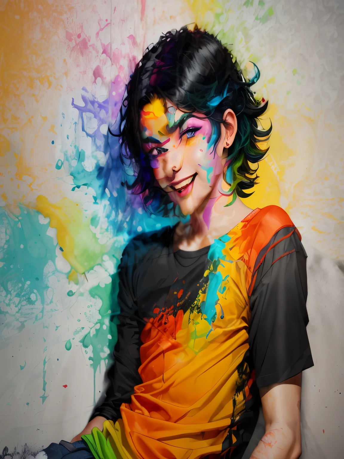 brightly colored woman with black hair and bright makeup posing for a picture, colorful digital painting, lgbt art, vibrant digital painting, color portrait, vibrant colors hyper realism, portrait happy colors, fantasy art smug smile man, colorful hyperrealism, art of alessandro pautasso, rossdraws cartoon vibrant, fully covered in colorful paint, detailed color portrait, artgerm colorful!!!