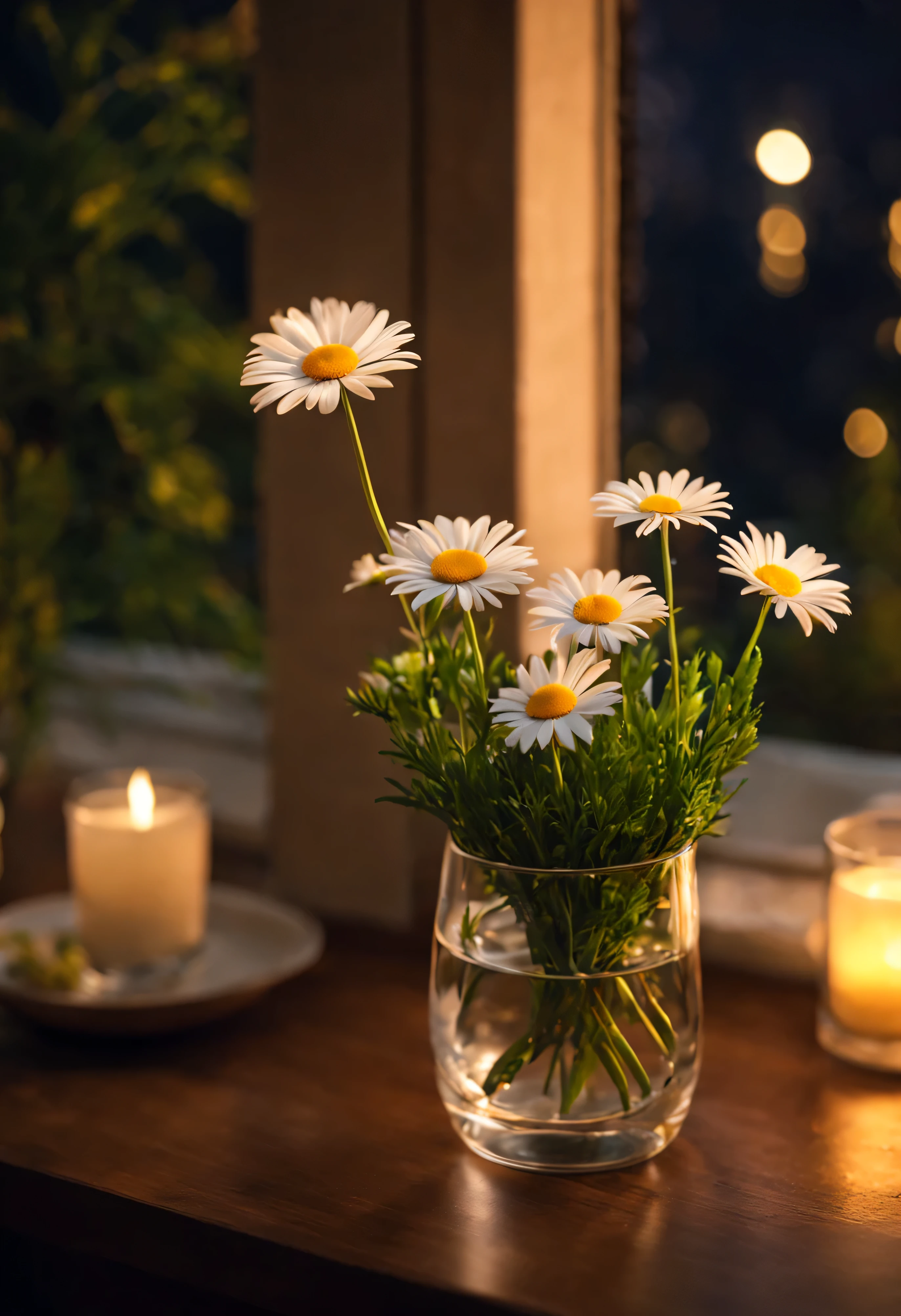 There is a transparent water glass on the windowsill next to the flowers, 在体积soft light雾中, Bokeh background with night light, Gives skin a natural glow, su fu, Ethereal stills, Clear and smooth lines, Brilliant night light, Subtle vitality, soft light, little daisy.Place it flat on the table from above, soft natural light, Soft night light (A masterpiece with a resolution of up to 16K), best quality, (Very detailed CG unified 16k wallpaper quality),(Soft Colors 16k Highly Detailed Digital Art),super detailed.nobody