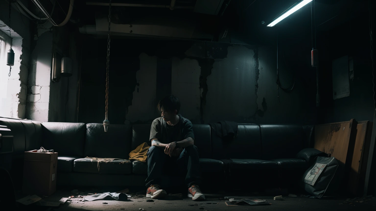 lonely person, sitting on old couch, empty underground night club, filthy, darkness, gritty