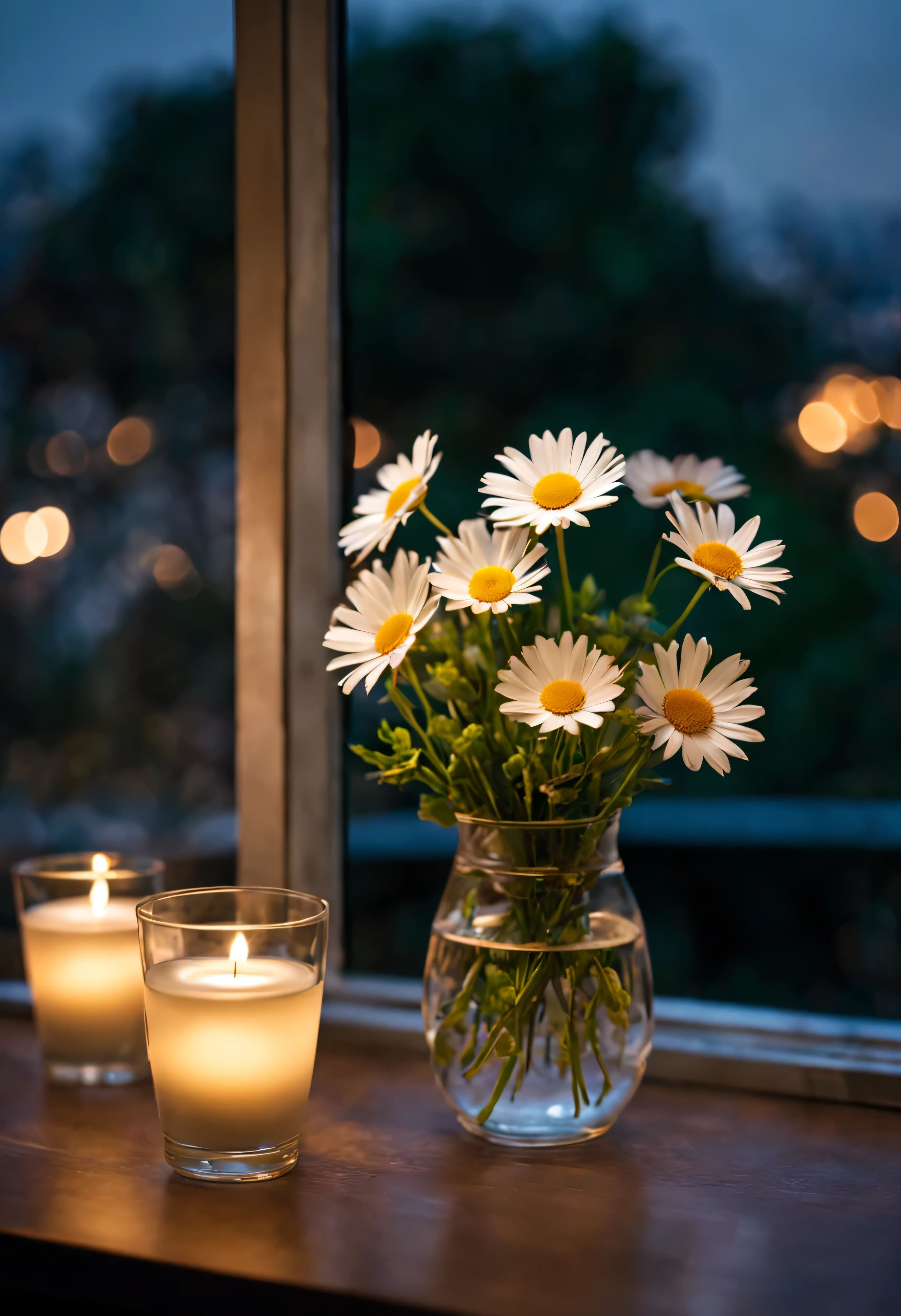 There is a transparent water glass on the windowsill next to the flowers, 在体积soft light雾中, Bokeh background with night light, Gives skin a natural glow, su fu, Ethereal stills, Clear and smooth lines, Brilliant night light, Subtle vitality, soft light, little daisy.Place it flat on the table from above, soft natural light, Soft night light (A masterpiece with a resolution of up to 16K), best quality, (Very detailed CG unified 16k wallpaper quality),(Soft Colors 16k Highly Detailed Digital Art),super detailed.nobody