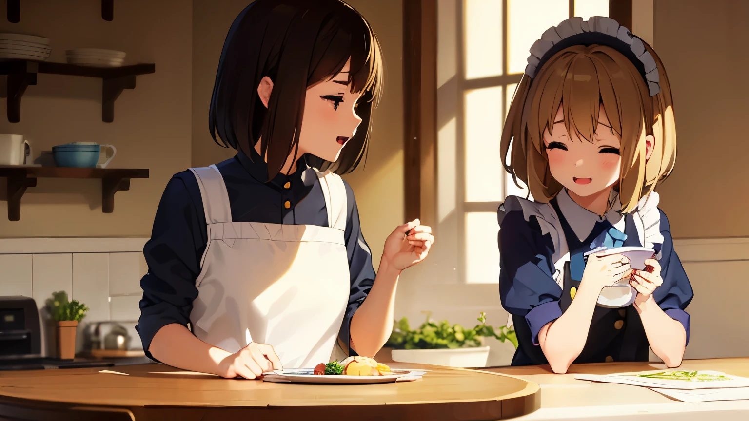 1girl, (((masterpiece))), top-quality, top-quality, High Details, Hirasawa Yui, 1girl, two yellow hairpin, short hair, A brown-haired, brown-eyed, 独奏, maid cafe clothes, bikini, maid cafe uniform, full body, full image, rainy weather, illustratio, comic strip, soothing tones, Subdued Color, Soft cinematic light, adobe lightroom, photolab, HDR, intricately and hyper-detailed、(((depth of fields))))。(((masterpiece)))。(((top-quality))).)((ultra-detailliert)))。(((illustratio)))。(((takeout))).dynamic focus.big breasts.(((Kitchen))).(((A home kitchen with dining table))).(((Face of happiness))). open mouth.(((put hands on the hip))).(((up chest))).((afternoon glow)).((the setting sun)).