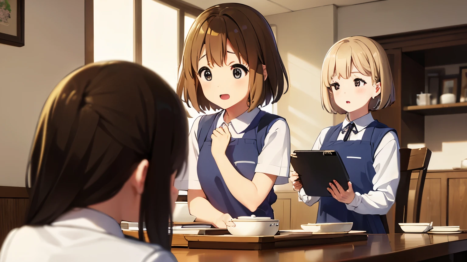 1girl, (((masterpiece))), top-quality, top-quality, High Details, Hirasawa Yui, 1girl, two yellow hairpin, short hair, A brown-haired, brown-eyed, 独奏, maid cafe clothes, bikini, maid cafe uniform, full body, full image, rainy weather, illustratio, comic strip, soothing tones, Subdued Color, Soft cinematic light, adobe lightroom, photolab, HDR, intricately and hyper-detailed、(((depth of fields))))。(((masterpiece)))。(((top-quality))).)((ultra-detailliert)))。(((illustratio)))。(((takeout))).dynamic focus.big breasts.(((Kitchen))).(((A home kitchen with dining table))).(((Face of happiness))). open mouth.(((put hands on the hip))).(((up chest))).((afternoon glow)).((the setting sun)).
