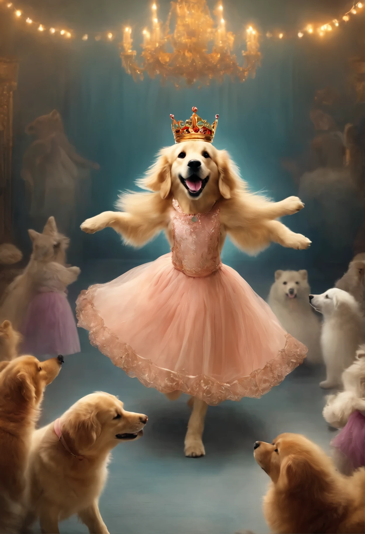 a fluffy goden retriever dances in a skirt like a ballerina with a crown on her head on the dance floor between cute animals that eat sweets