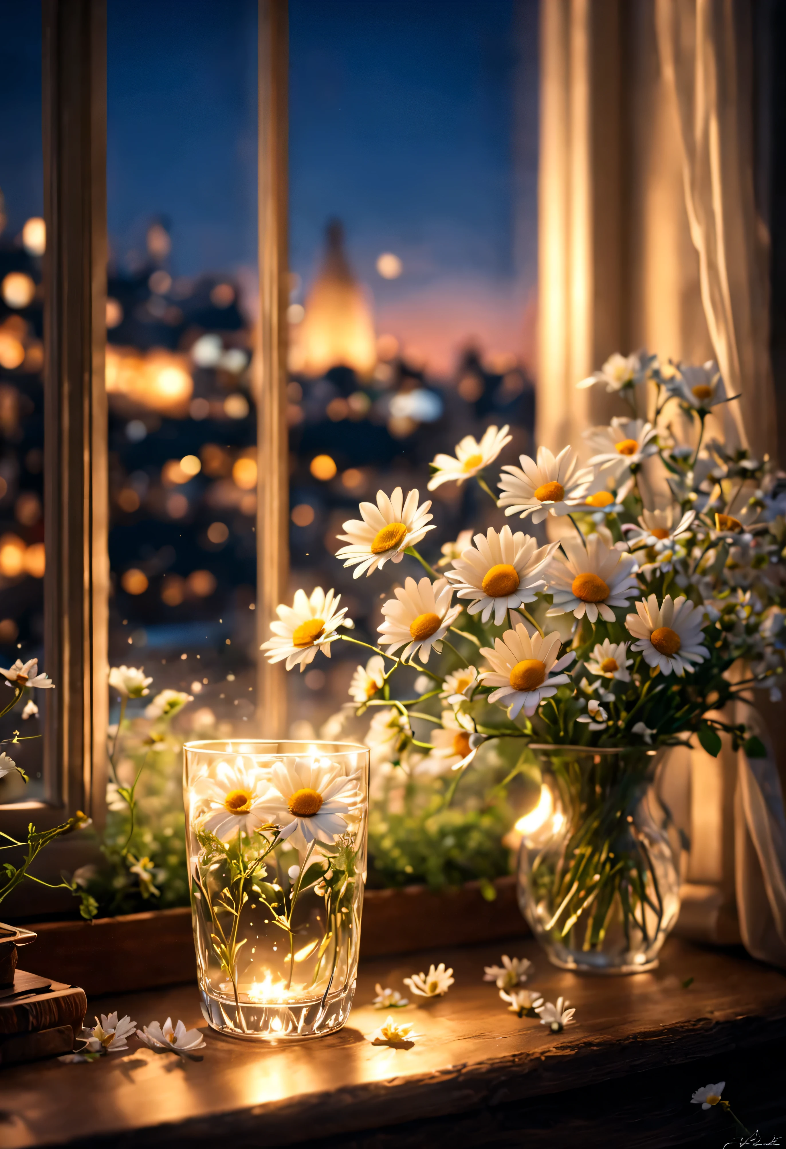 There is a transparent water glass on the windowsill next to the flowers, 在体积soft light雾中, Bokeh background with night light, Gives skin a natural glow, su fu, Ethereal stills, Clear and smooth lines, Brilliant night light, Subtle vitality, soft light, little daisy.Place it flat on the table from above, soft natural light, Soft night light (A masterpiece with a resolution of up to 16K), best quality, (Very detailed CG unified 16k wallpaper quality),(Soft Colors 16k Highly Detailed Digital Art),super detailed.nobody