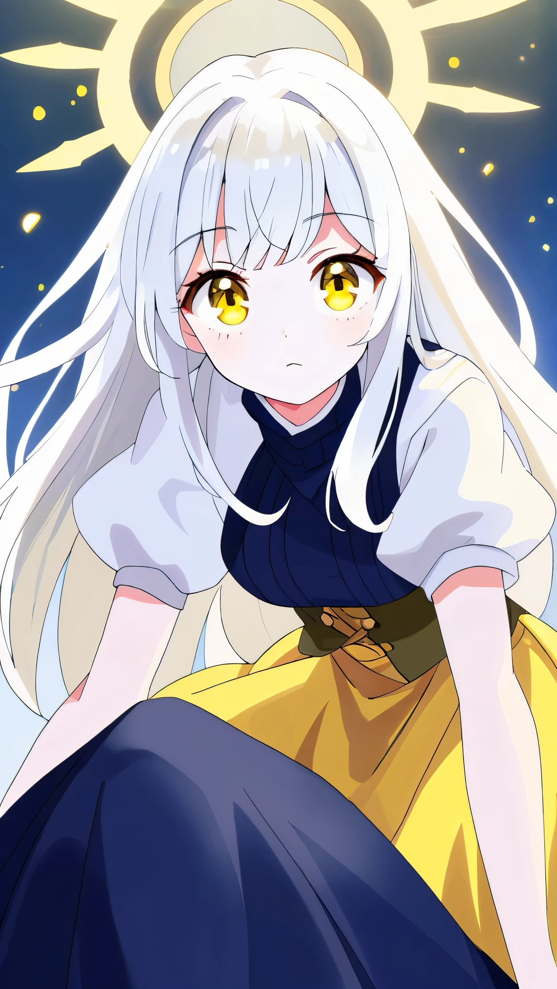 ((highest quality)), ((masterpiece)), (be familiar with), perfect face、最高masterpiece、high resolution、Beautiful white haired girl, fluffy, slightly long、perfect yellow eyes、leaning forward、heavenly light、halo、screen、aura、Soft warm colors、lightly dressed、young lady