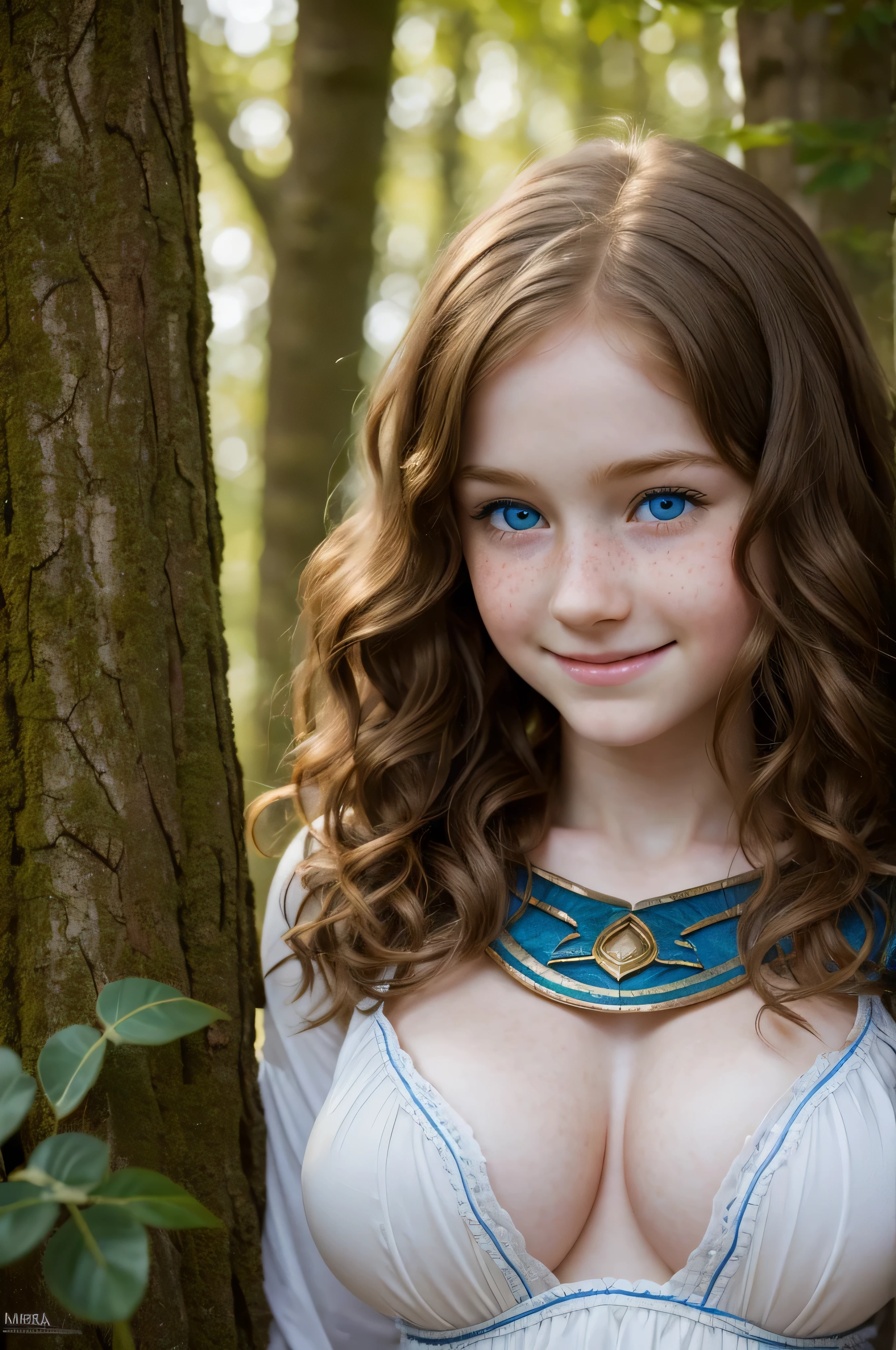 ((high resolution)), ((pale skin)), freckled, brunette (()) girl, with blue eyes, blushing cheeks, wavy hair, smiling, large breasts, as a fantasy druid