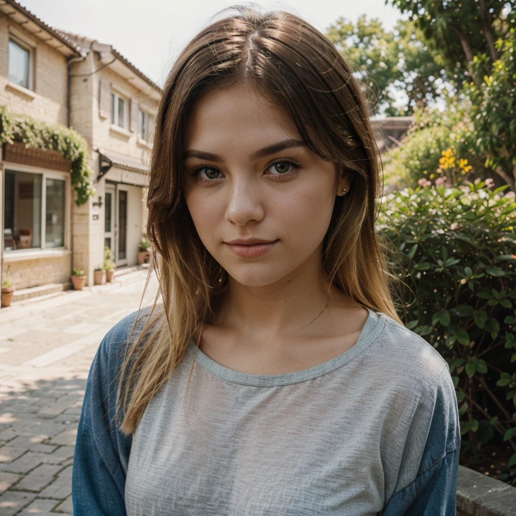 outdoor photograph, portrait, blonde woman in their 20s, sunny environment,  25mm lens