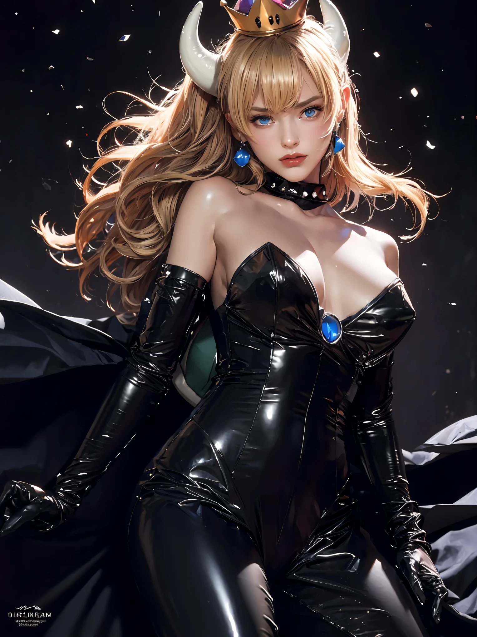 ((high detailed, best quality, 4k, masterpiece, hd:1.3)), ((best quality)), (((HD))), (((8k))), (ultraDH), (ultra HD), Snowy Forest background, snowflake pattern, Princess Daisy, blue eyes, BREAK blue eyes, seductive, attractive, smooth anime cg art, 36C breasts, long legs, vivid colors, detailed digital art, slim body, perfect skin, dark blonde hair, long hair, blonde hair, blonde hair, BREAK crown, cleavage, 36C cleavage, looking at viewer, BREAK looking at viewer, extremely detailed face, red santa suit, red santa claus suit, santa claus suit, earrings, gem, dark black makeup lips, dark gothic eyeshadows, dark eyeshadows, black eyeshadows, black sexy lips, black lips, (dark:1.2), dark lips, very dark lips, (perfect hands, perfect anatomy), black makeup, black medium lips, black thick lips, detailed fingers, five fingers per hand, 5 fingers, (1 girl), detailed lips, detailed black lips, black painted lips, gothic painted lips, BREAK night, night sky, (breast focus), (arms outstreched:1.2), (from above:1.1), (breasts out:1.3), (off shoulder:1.1), (white horns), (bra),