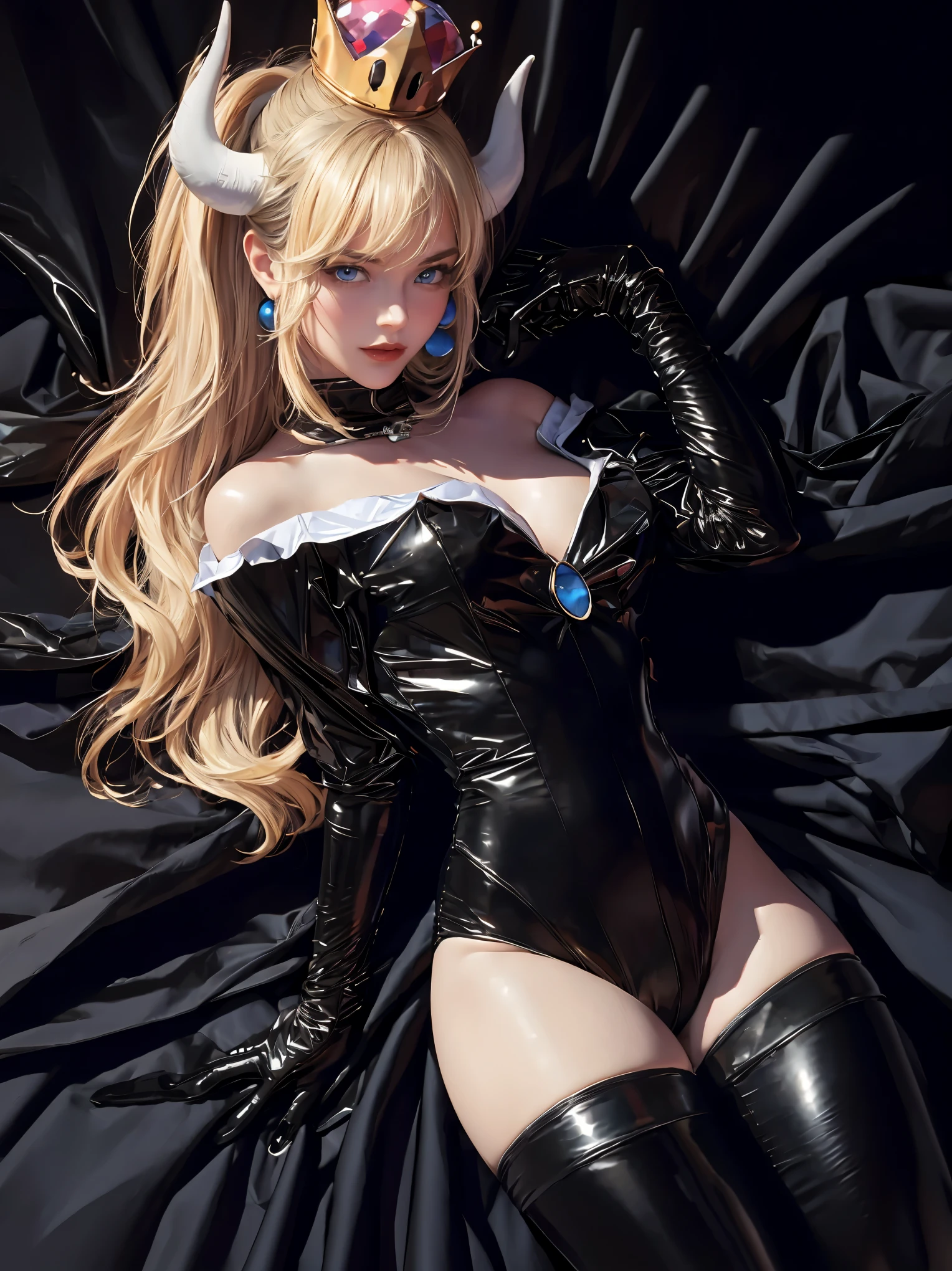 ((high detailed, best quality, 4k, masterpiece, hd:1.3)), ((best quality)), (((HD))), (((8k))), (ultraDH), (ultra HD), Snowy Forest background, snowflake pattern, Princess Daisy, blue eyes, BREAK blue eyes, seductive, attractive, smooth anime cg art, 36C , long legs, vivid colors, detailed digital art, slim body, perfect skin, dark blonde hair, long hair, blonde hair, blonde hair, BREAK crown, cleavagleavage, lookiewer, BREAK looking at viewer, extremely detailed face, red santa suit, red santa claus suit, santa claus suit, earrings, gem, dark black makeup lips, dark gothic eyeshadows, dark eyeshadows, black eyeshadows, black sexy lips, black lips, k:1.2), dark lips, very dark lips, (perfect hands, perfect anatomy), black makeup, black medium lips, black thick lips, detailed fingers, five fingers per hand, 5 fingers, (1 girl), detailed lips, detailed black lips, black painted lips, gothic painted lips, BREAK night, night sky, (breast fs), (aroutstreched:(from above:1.1), (breasts out:1.3), (off shoulder:1.1), (orns), (bra),