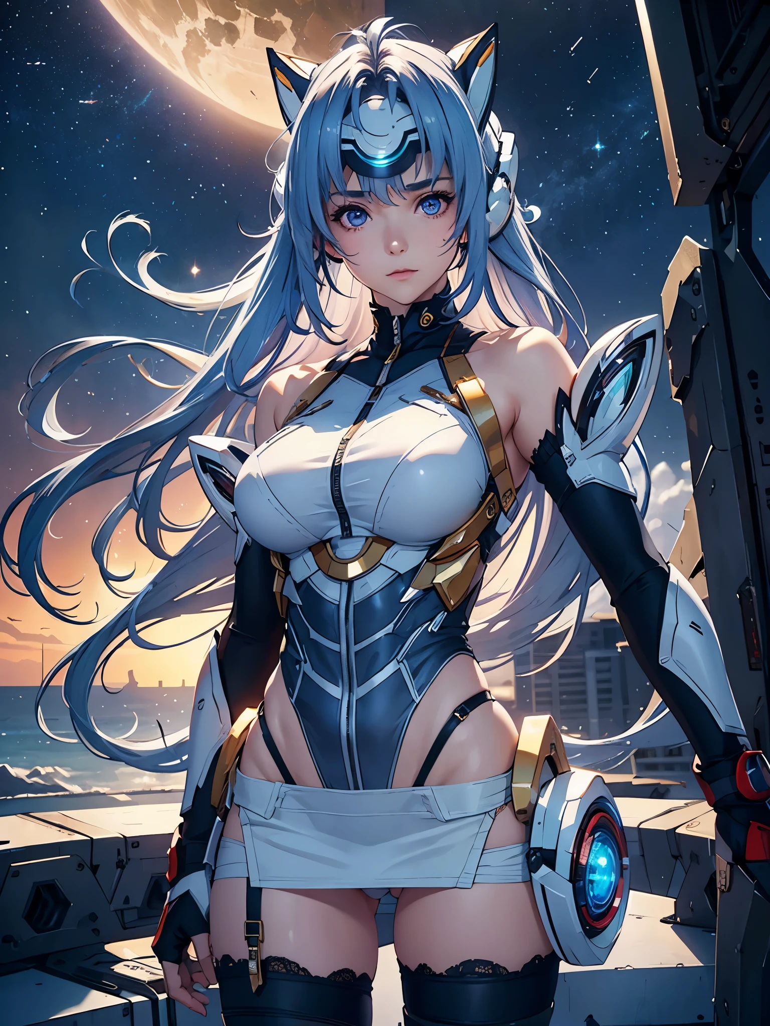 (masterpiece:1.3), (8K、photorealistic, Raw photo, best quality:1.4), (solo), one girl, (((kos-mos))), beautiful face, Beautiful face with perfect symmetry, cute face, (beautiful light blue long hair), With bangs, There is a visor on the forehead, beautiful purple eyes, perfect anatomy, (high detail skin: 1.2), natural breast, beautiful thighs, Natural buttocks, white costume, mini skirt, costume with open chest, Clothes that look like 6 pack abs, Stars and planets can be seen in outer space, standing on the deck of a spaceship, perfect lighting, focus only, perfect anatomy,Front view,