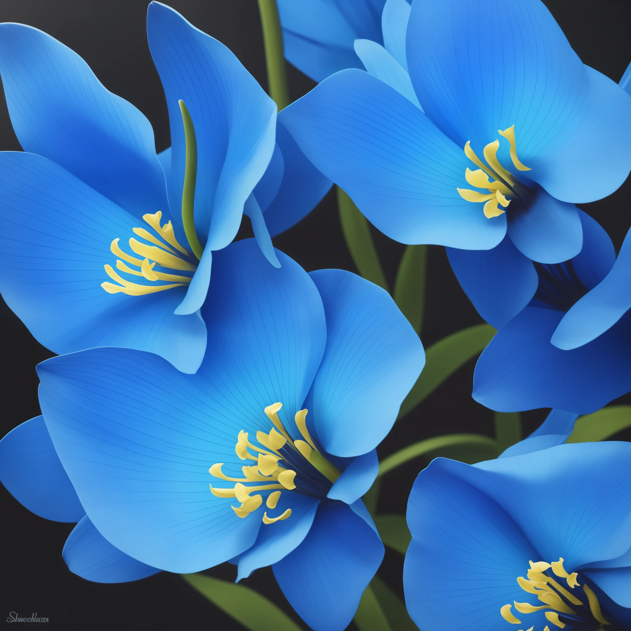 a close up of a blue flower with a budding, a photorealistic painting by Hans Schwarz, flickr, art nouveau, rich blue colors, beautiful black blue yellow, vibrant blue, beautiful detail and color, rich blue color, blues. beautiful, blue and black color scheme)), beautiful!!!!!!!!!, orchid, glowing blue, rich azure tones, vibrant but dreary blue