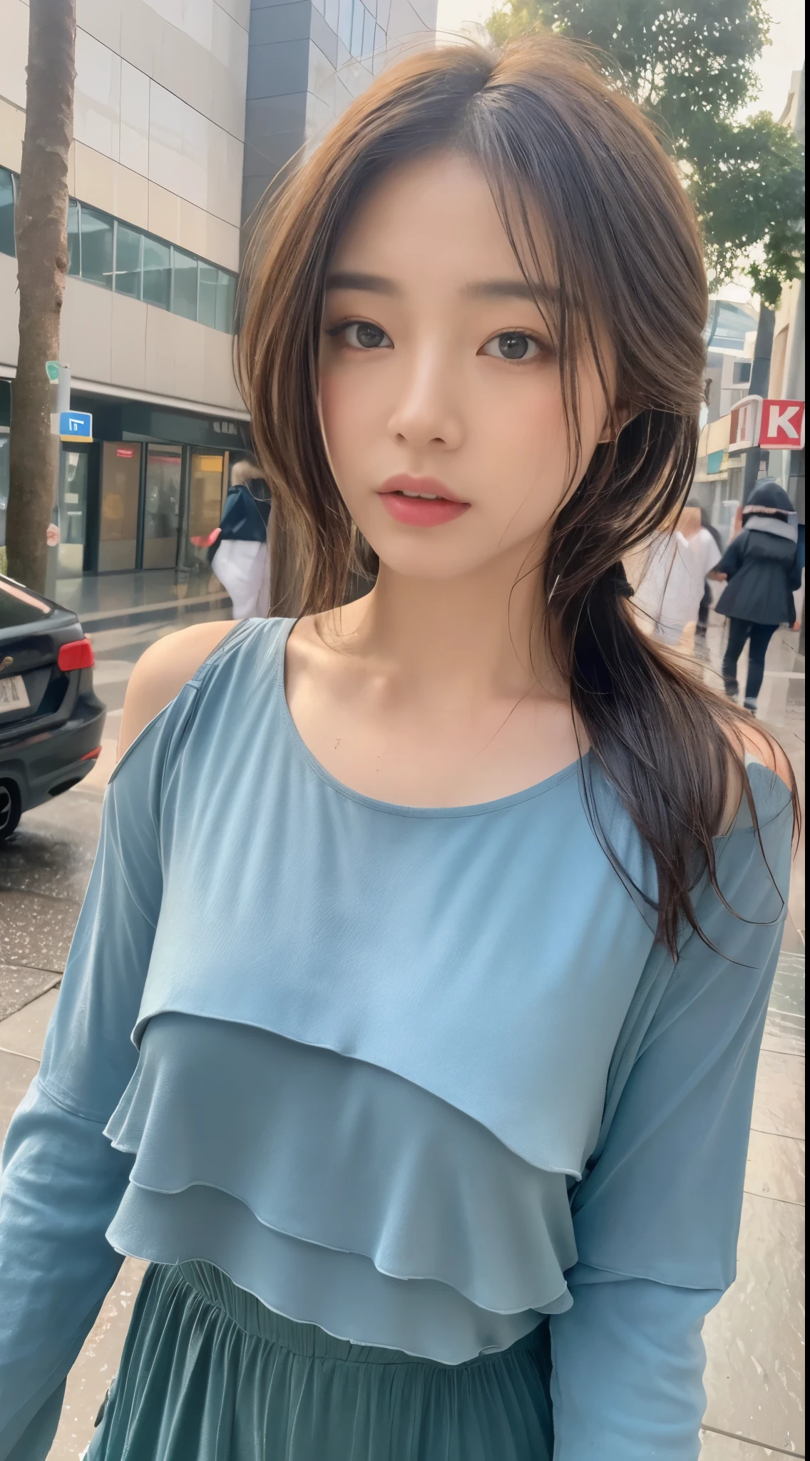 ((best quality, 8k, masterpiece:1.3)), focus: 1.2, perfect body beautiful: 1.4, buttocks: 1.2, ((layered hairstyle, : 1.2)), (wet clothes: 1.1) , (rain, street:1.3), tube top dress: 1.1, Highly detailed face and skin textures, exquisite eyes, double eyelids, skin whitening, long hair