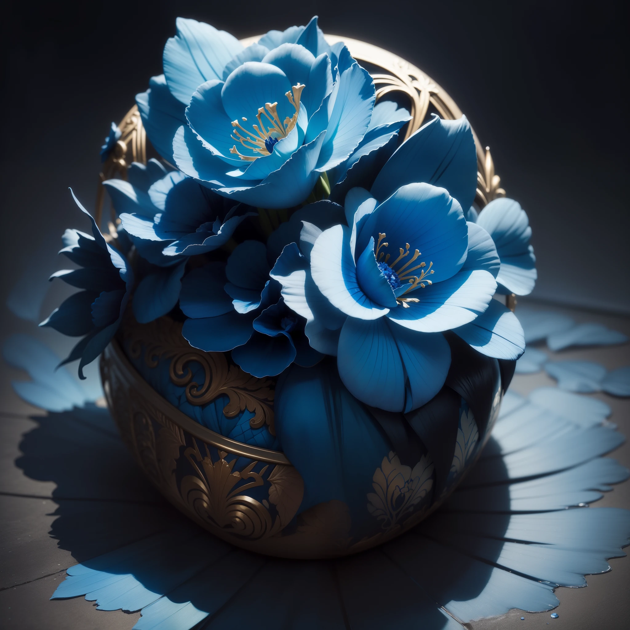a close up of a blue flower with a budding, a photorealistic painting by Hans Schwarz, flickr, art nouveau, rich blue colors, beautiful black blue yellow, vibrant blue, beautiful detail and color, rich blue color, blues. beautiful, blue and black color scheme)), beautiful!!!!!!!!!, orchid, glowing blue, rich azure tones, vibrant but dreary blue