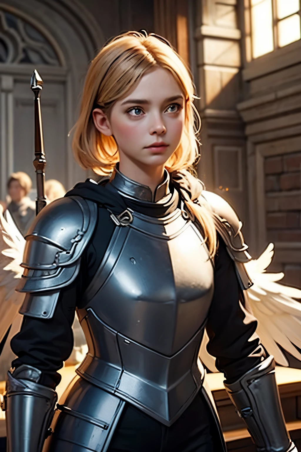 beautiful blonde angel woman in plate armor