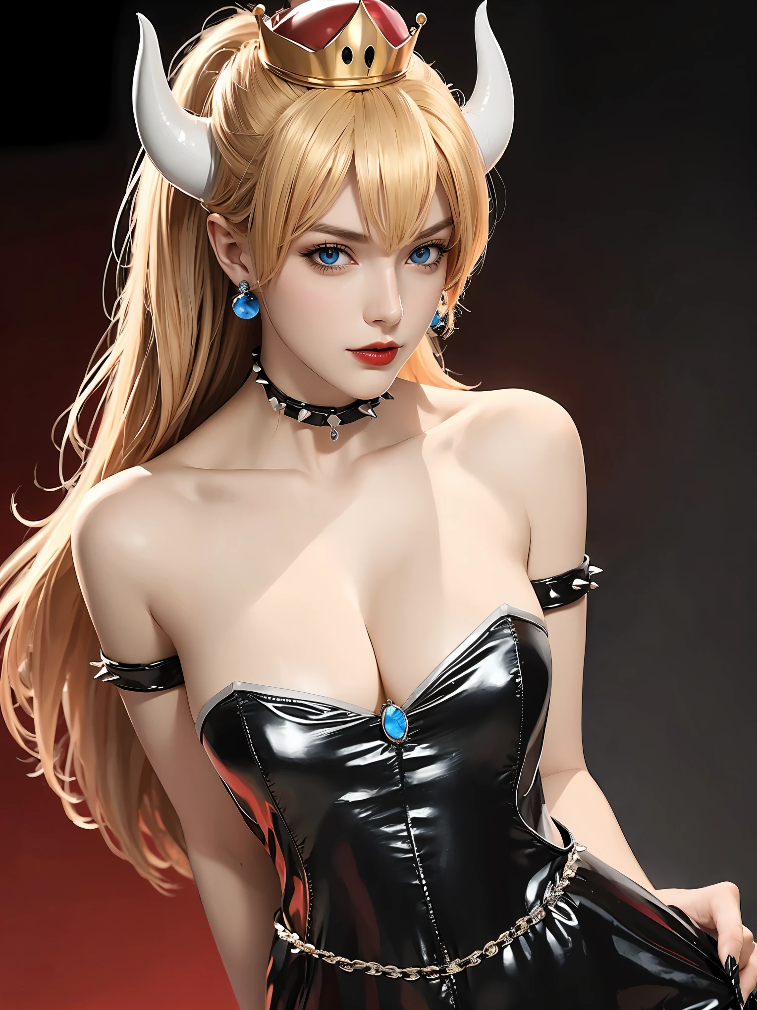 ((high detailed, best quality, 4k, masterpiece, hd:1.3)), ((best quality)), (((HD))), (((8k))), (ultraDH), (ultra HD), Snowy Forest background, snowflake pattern, Princess Daisy, blue eyes, BREAK blue eyes, seductive, attractive, smooth anime cg art, 36C breasts, long legs, vivid colors, detailed digital art, slim body, perfect skin, dark blonde hair, long hair, blonde hair, blonde hair, BREAK crown, cleavage, 36C cleavage, looking at viewer, BREAK looking at viewer, extremely detailed face, red santa suit, red santa claus suit, santa claus suit, earrings, gem, dark black makeup lips, dark gothic eyeshadows, dark eyeshadows, black eyeshadows, black sexy lips, black lips, (dark:1.2), dark lips, very dark lips, (perfect hands, perfect anatomy), black makeup, black medium lips, black thick lips, detailed fingers, five fingers per hand, 5 fingers, (1 girl), detailed lips, detailed black lips, black painted lips, gothic painted lips, BREAK night, night sky, (breast focus), (arms outstreched:1.2), (from above:1.1), (breasts out:1.3), (off shoulder:1.1), (white horns), (bra),