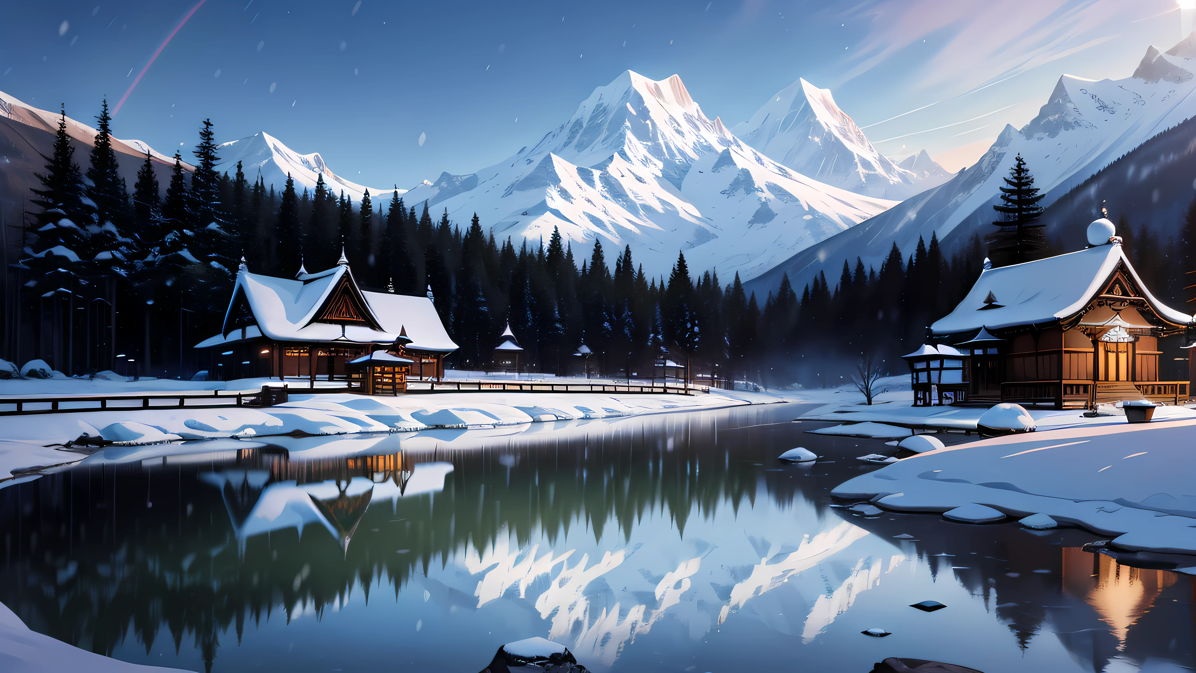 Three wise monks in a peaceful mountain retreat, illuminated by the light of a crystal-clear water well, with a snow-covered Buddhist temple in the background.