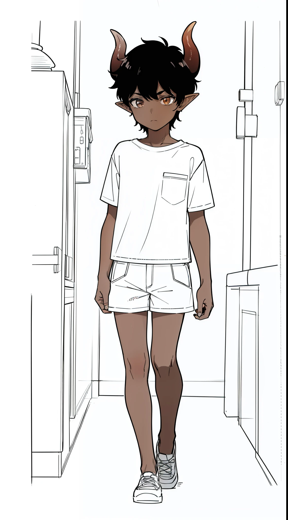 (1boy,10 years,solo,male,small),((dark skin)),short hair,black hair,elf ears,(horns),(white background,line drawing),full body,walking,from front,casual outfit,shorts,shy,timid
