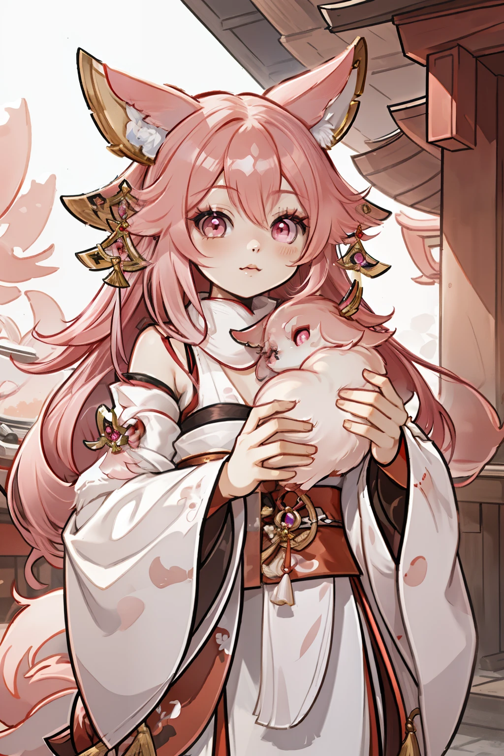 Very detailed, high quality, masterpiece, beautiful, Yae Miko Fox, Yae Shrine Maiden, pink eyes, long hair, pink hair, animal ears, 