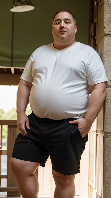 Friendly obese middle age guy, shorts, big belly, slightly bold