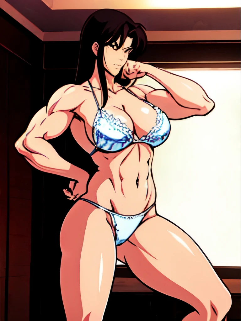 A sexy girl with a muscular body, wearing white lace thong, standing tall and dominant , self confident, ,aggressive, strong, serious, fighting, bulging muscles, big breasts