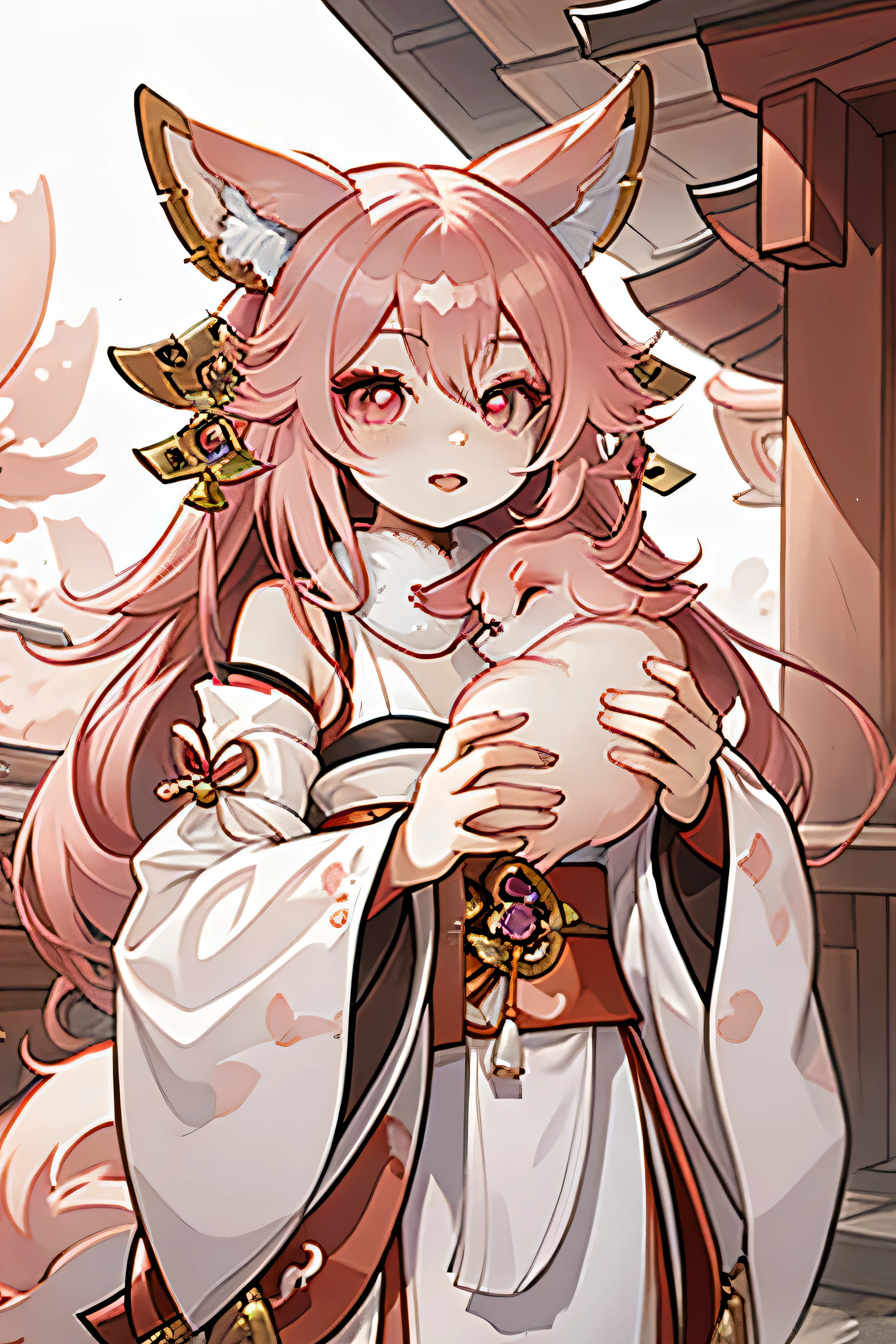 Very detailed, high quality, masterpiece, beautiful, Yae Miko Fox, Yae Shrine Maiden, pink eyes, long hair, pink hair, animal ears,