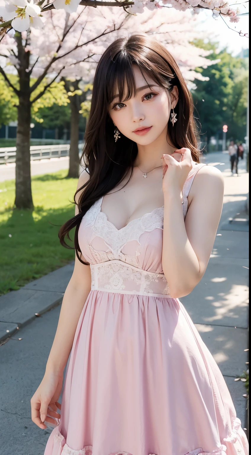 Tabletop, highest quality, 8k, , Brown wavy hair、Small Tits:1.5、Childish Face、Dis, Award-winning portrait, smile, smile, Pure, Cleavage exposed、, Pink Dress, spring, , Orchard in full bloom, Helena