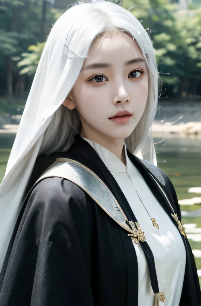 masterpiece, detail, perfect face, korean girl. nun with white hair color, little wavy and long. smoky black pupil. wear cloak and dress with white color, gold combination. at pond, with cerry blossom. soft light 1, light bloom, sun glare.