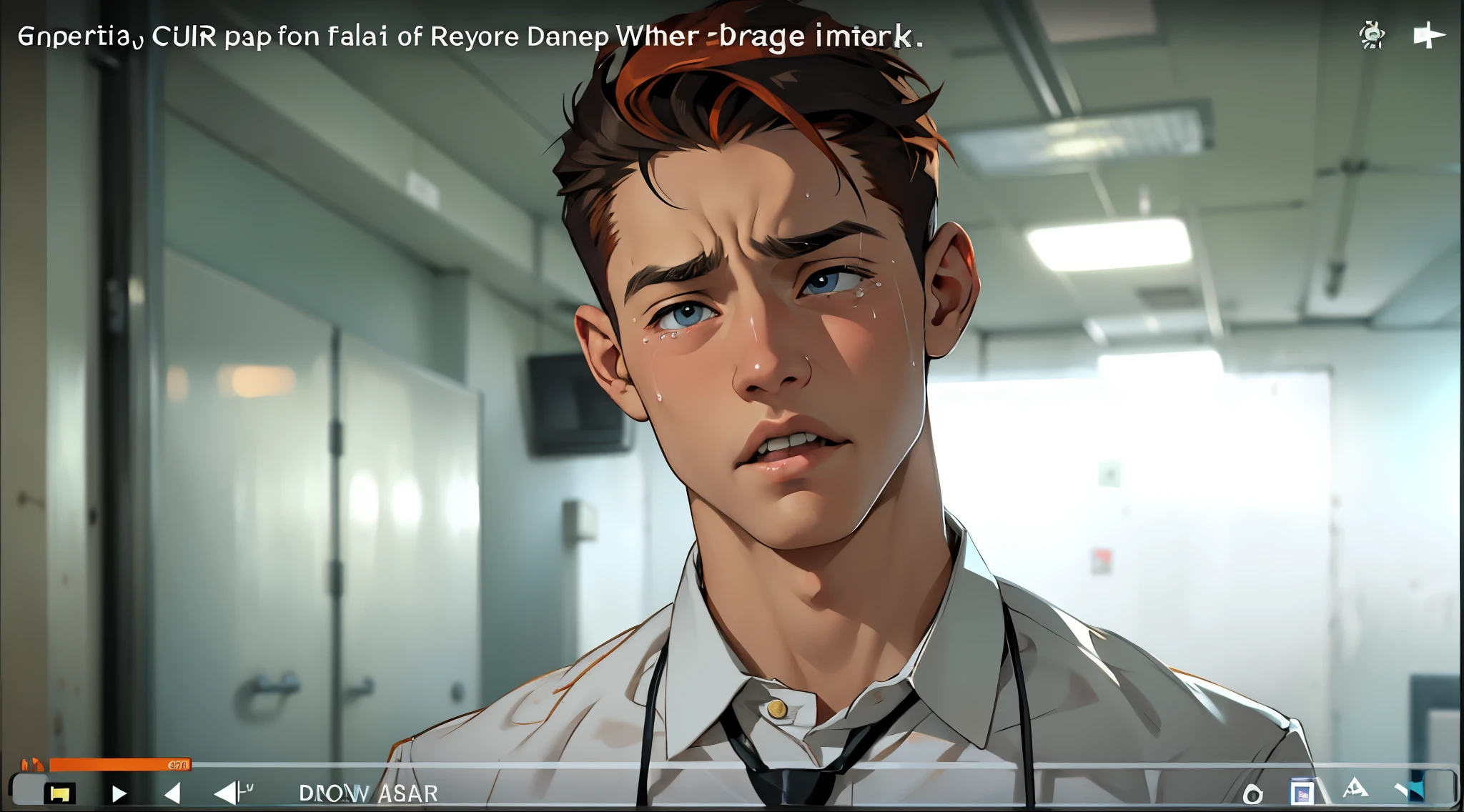 There is a handsome 17-year-old boy who has tears in his eyes and is upset. He is drunk. He has orange hair.