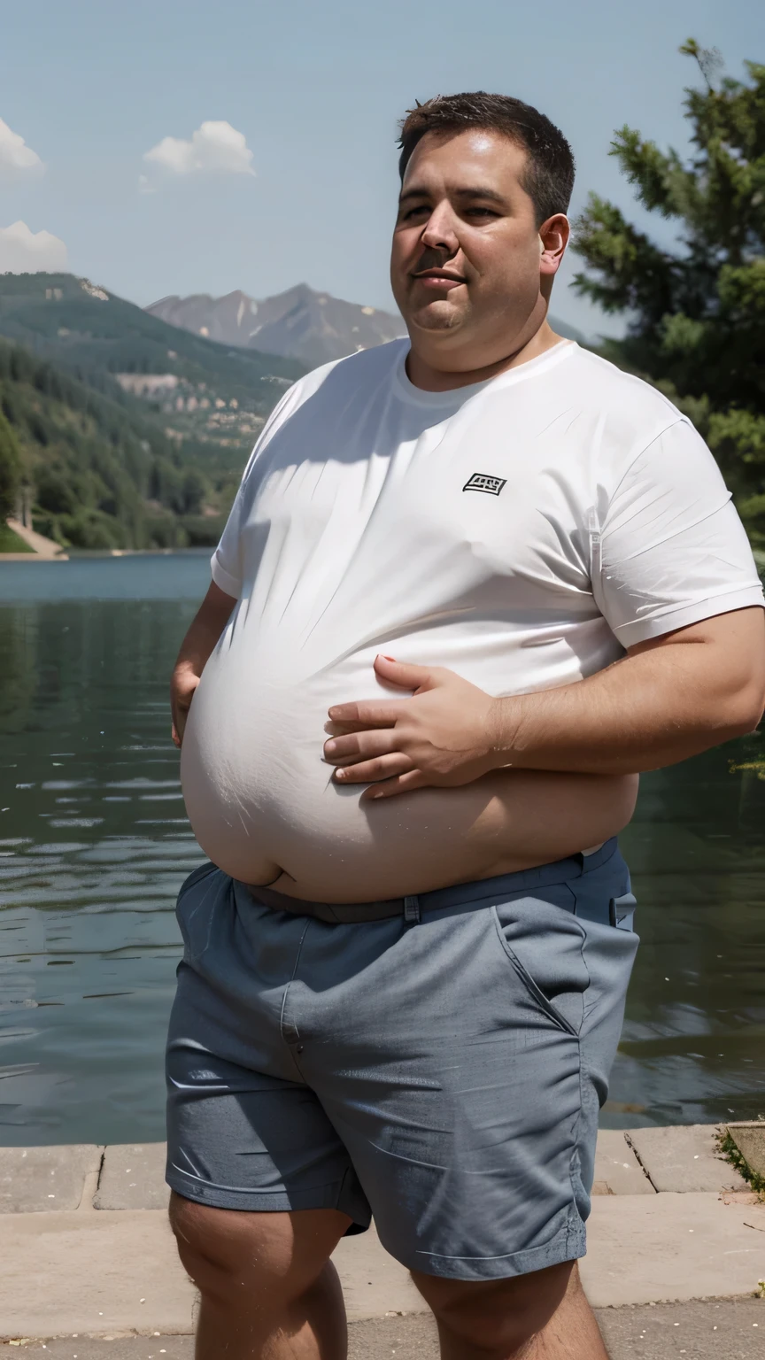 Friendly obese middle  guy, shorts, big belly, slightly bold, near lake