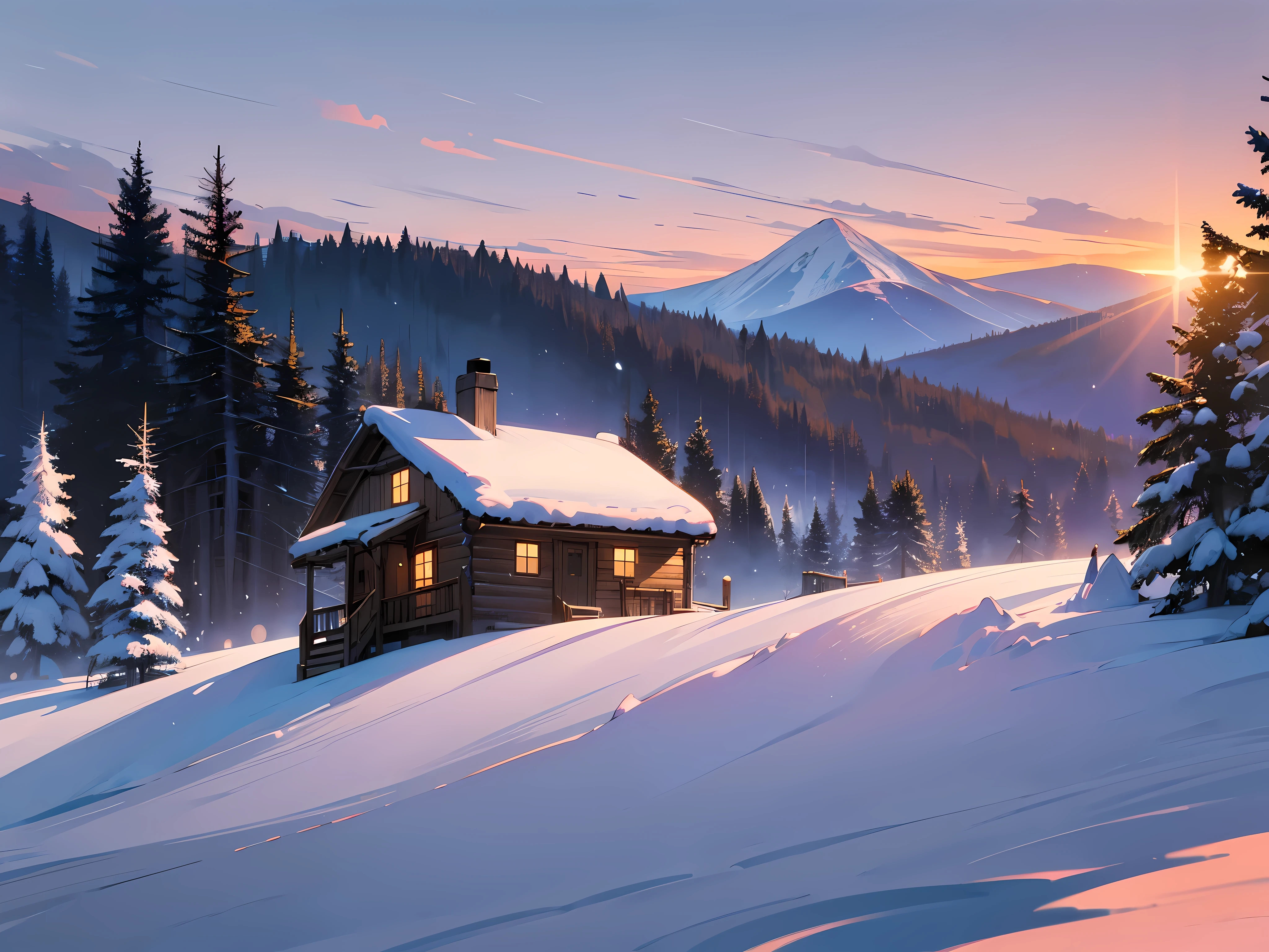 There is a mountain behind it, a cabin on a snowy hill, surrounded by trees, late afternoon, sunset atmosphere, details, high quality, realistic photo effects, 8k, camera-like composition --auto --s2