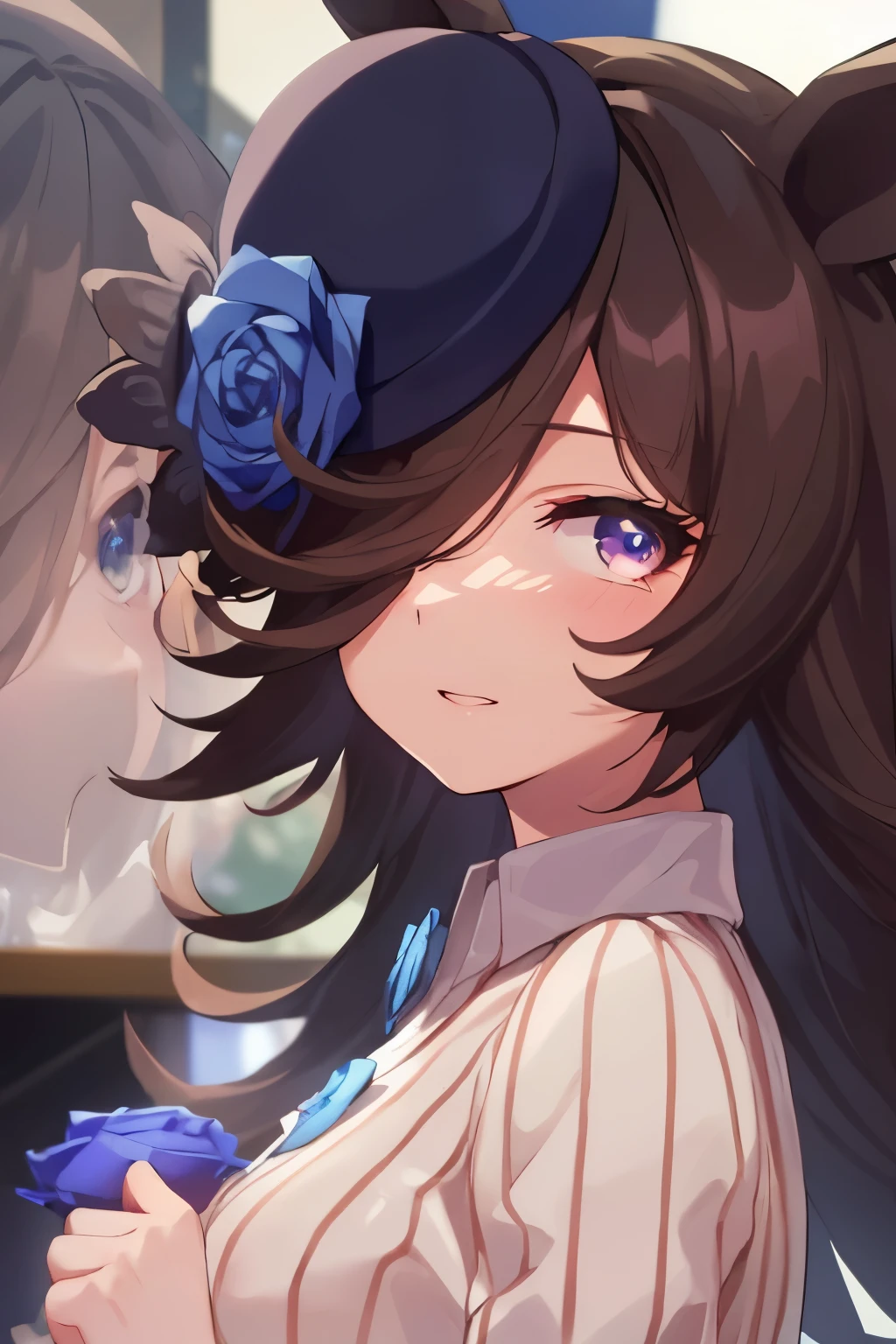 (table top.highest quality).(dynamic angle). (CG painting with very impressive details),(perfect image)、comic strip.shape.1 girl.detailed face、perfect face.delicate face、girl wearing a delicate uniform、rough skin、black hair.length、(Umamimi Girl)Umamimi Girl、((beautiful blue eyes)).delicate and beautiful eyes、fine eyes、reflected eyes、smile.(look at the audience:1.3).(face is a little red:0.8)、8k wallpaper、cowboy shot、reflected light、most detailed、Complex、delicate background、rough skin、fine skin、(super resolution)、wearing a uniform