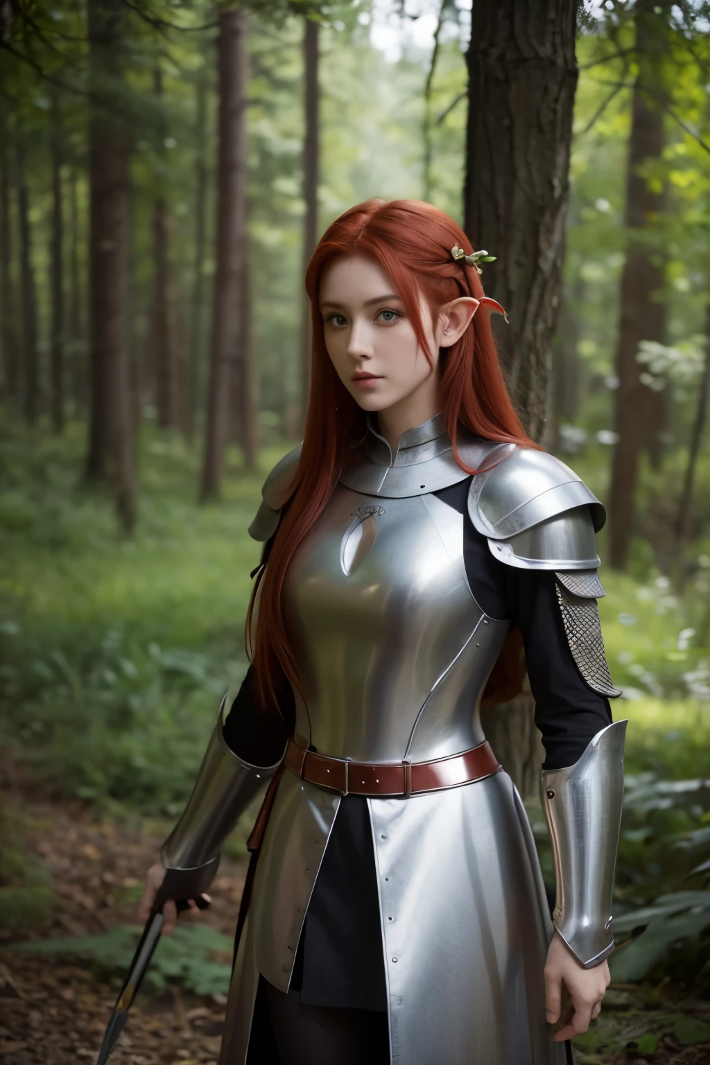 A girl, red hair, green eyes, warrior, dressed in medieval armor, medieval theme, elf ear, forest in the background, best quality, masterpiece