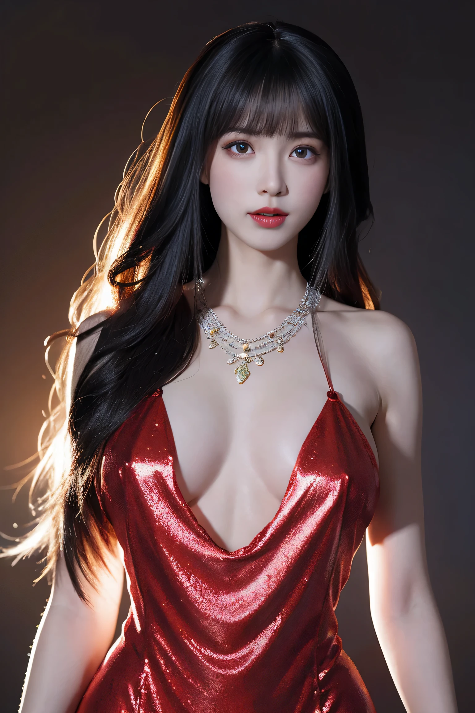 best work，Super high quality work，4k:2.0，ultra high definition，8K high-definition CG production，High quality graphics，3D high-definition CG photos，Ultra high pixels，Super exquisite：1.1，technical details：1.1，室内灯Light effect果：1.1，Natural dimming，Light effect，Ultra high resolution large files，fashion clothing photos，Exquisite and sexy woman，A mature and sexy woman，Royal sister temperament，Characteristics of European and American women，mixed race beauty，Temperamental type goddess，silver hair，She has long white and silver hair，clear hair，Careful hair texture（Premium hair details：1.1）Beautiful and delicate eyebrows and eyelashes，big eyes，light red eyes，sexy red lips，perfect lip shape，clear skin texture，hydrated skin（Advanced facial details：1.1）The face of a perfect goddess，perfect body shape，top supermodel，devilish figure，Hips raised，man&#39;s waist is very thin，long legs，（Advanced skin details：1.1），Smooth，Wear evening gown，bright red dress, ((glow dress:1.5))sequin evening dress，dress dress，silk scarf，lace dress（Premium lace details：1.1）bright red，High heel，livestock，Wear jewelry，ear nipple ring，necklace，bracelet，Eat dinner，full-body shot，Costume Art Photos，high quality work