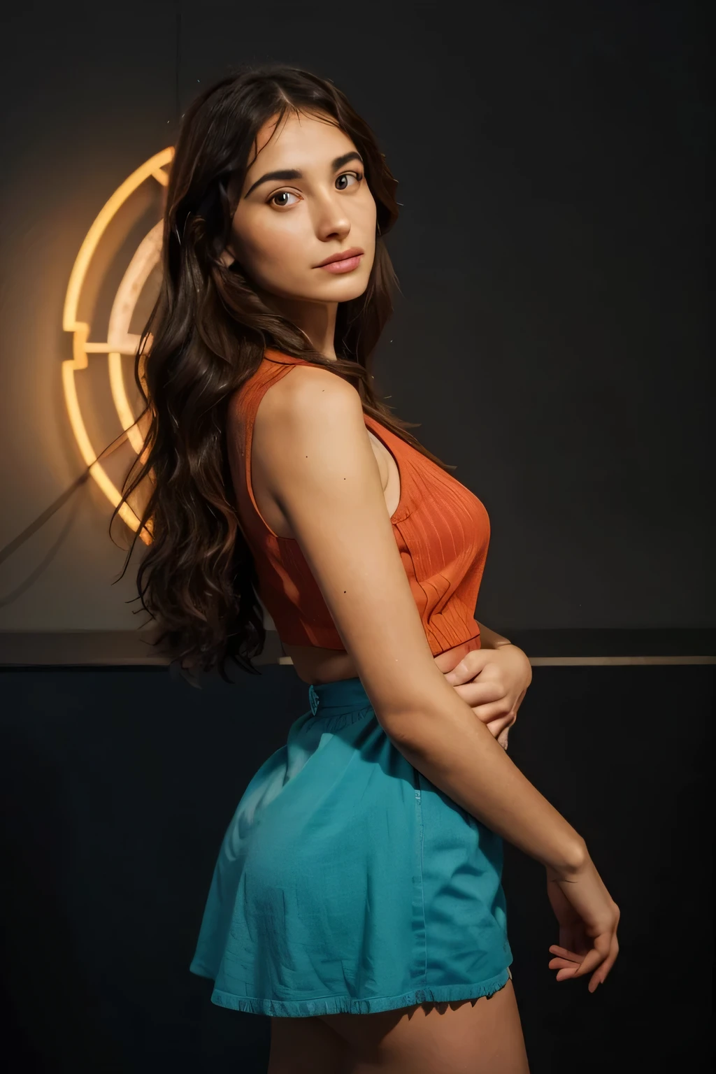 Ragazza somigliante a Carmen Consoli, concept art, con indosso uno scamiciato arancione intenso color smeraldo somalo divertente,  alta risoluzione, [(arte di Willi Baumeister:1.1) , (arte di John T. Biggers:1.2)::17], arte ufficiale, sfondo unity 8k, ultra dettagliato, estetico, capolavoro, better quality, fotorealistico