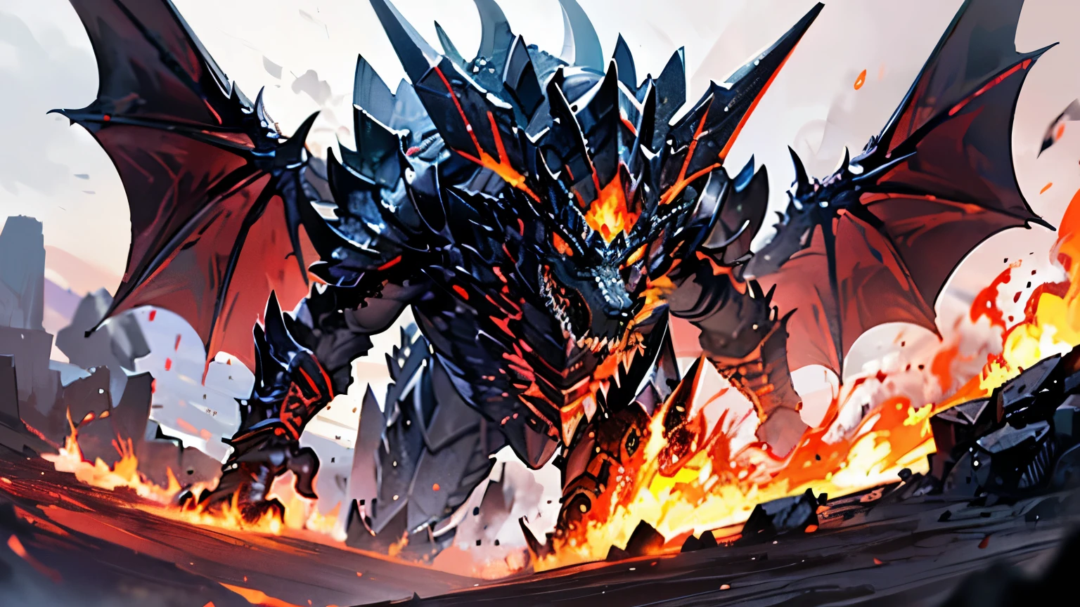 Black Dragon A large animal about 100 meters tall. It has large and powerful wings. The background is on a volcano with lava flowing. Highest quality.,4K sharp focus