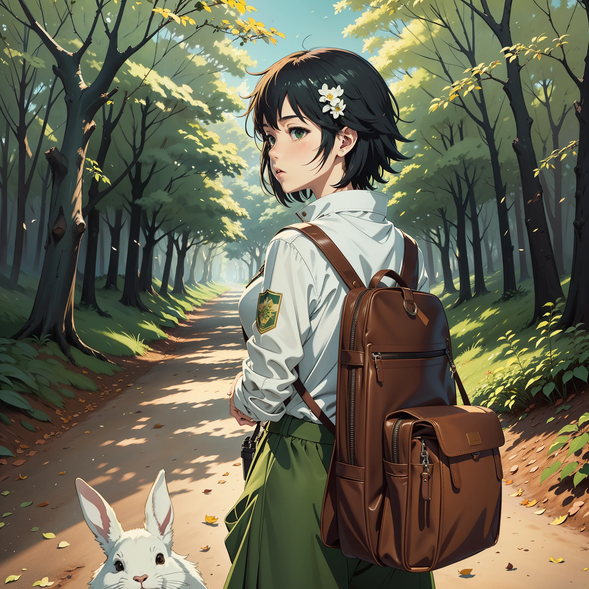 Anime, garota e garoto se beijando ao longe, Floresta, mochila,From afar a girl kissing a boy in a white shirt and green pants in the forest with dried leaves on the ground and some rabbits, beijo apaixonado distante, se beijando ao longe ( ( Makoto Shinkai ) ), Makoto Shinkai Cirilo Rolando, Makoto Shinkai e Tom Bagshaw, Makoto Shinkai. digital rendering, Estilo de Makoto Shin