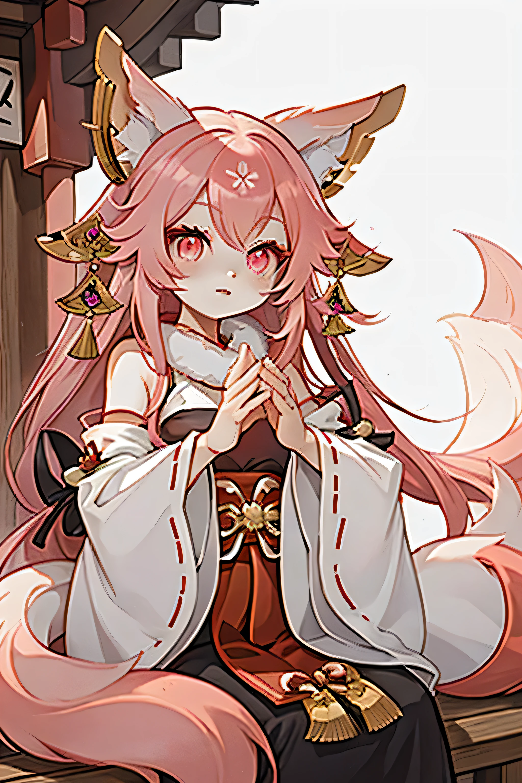 Very detailed, high quality, masterpiece, beautiful, Yae Miko Fox, Yae Shrine Maiden, pink eyes, long hair, pink hair, animal ears, 