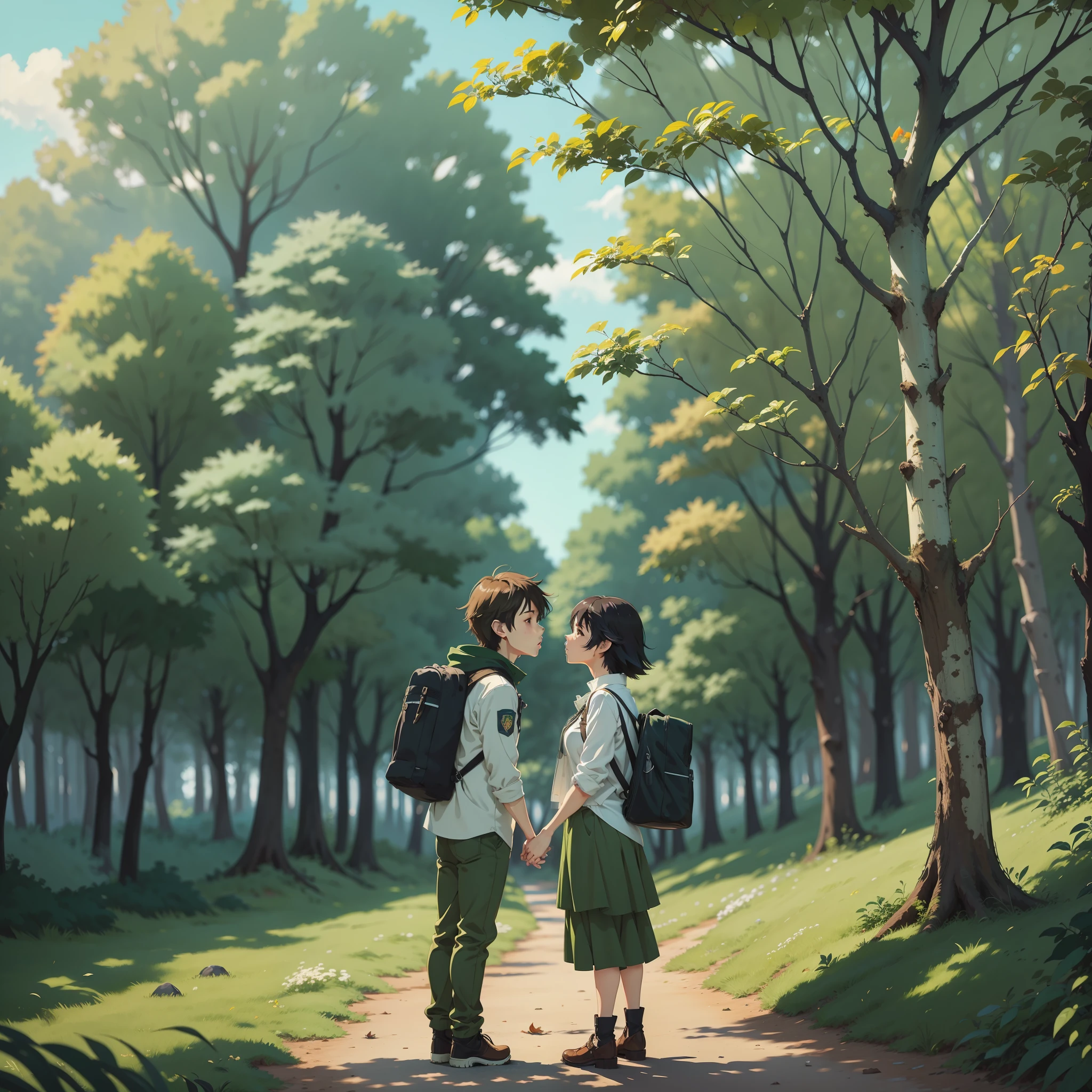 I have two children. 1 girl, 1 boy, The children are playing in the forest in summer.