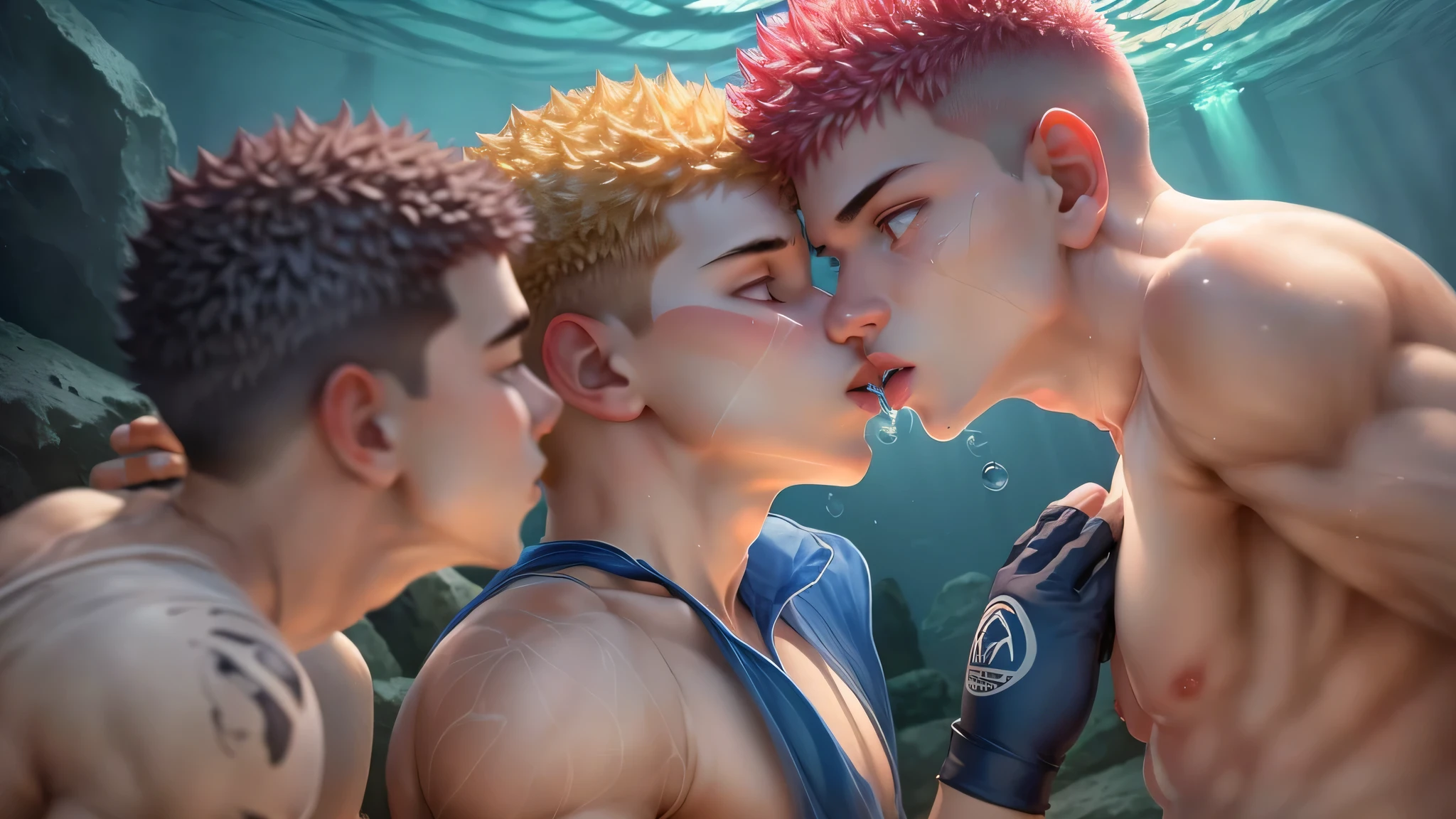 dos chicos masculinos, Handsome Spanish teenagers underwater giving a passionate kiss on the mouth., agua azul profunda, un chico es rubio, el otro chico es de pelo negro, Surreal lighting, detalles realistas, vivid colors, dream atmosphere, amor juvenil, olas suaves, piel perfecta, gotas de agua semitransparentes, Oxygen bubbles are observed around it.,  toque delicado, intimate moment, passionate emotion, burbujas sutiles, serena tranquilidad, love connection, feeling of shortness of breath, movie scene, artistic portrait, ethereal beauty, magnetic chemistry, lovely atmosphere, pure and tender affection, historia de amor eterna