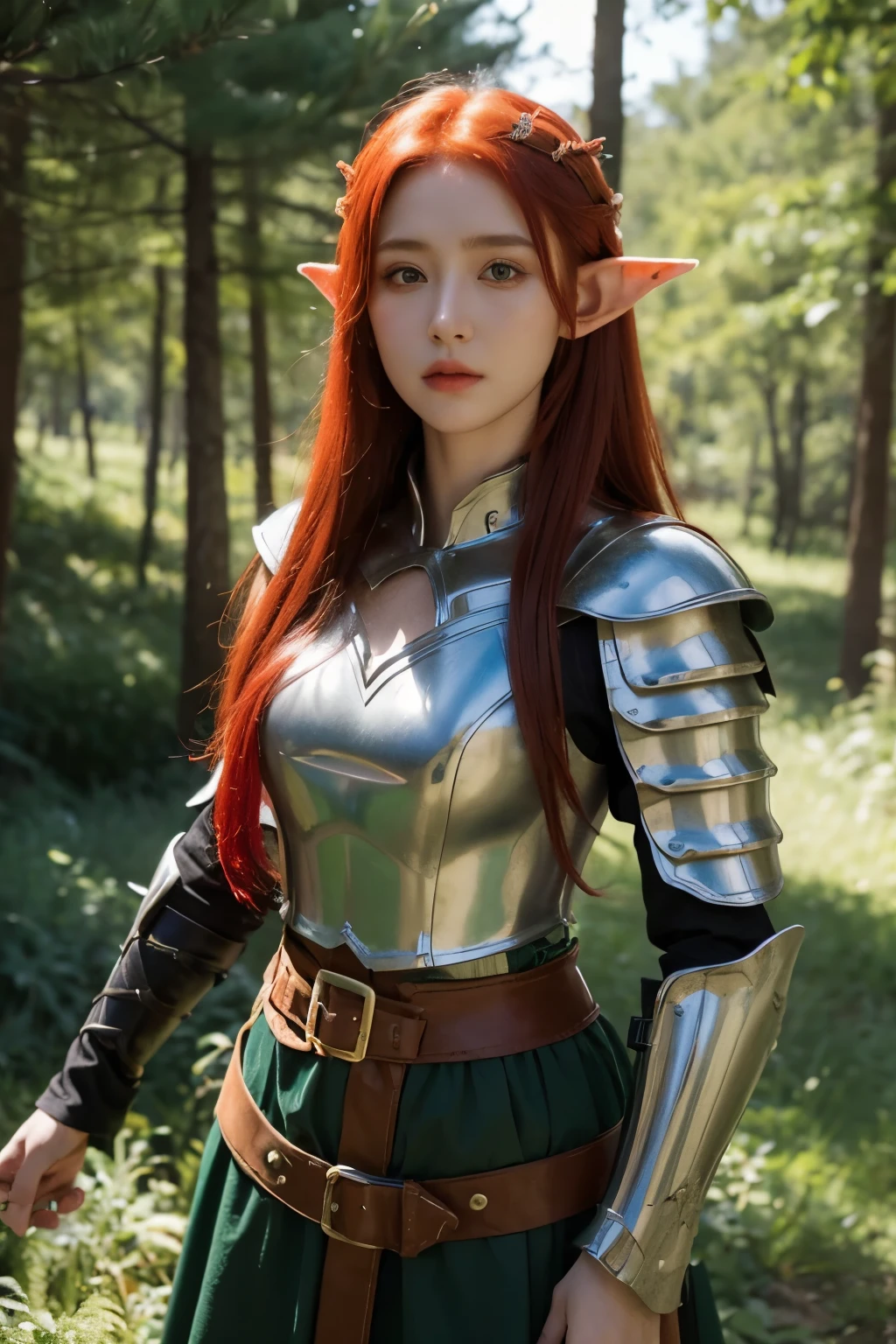 A girl, red hair, green eyes, warrior, dressed in medieval armor, medieval theme, elf ear, forest in the background, best quality, masterpiece, korean