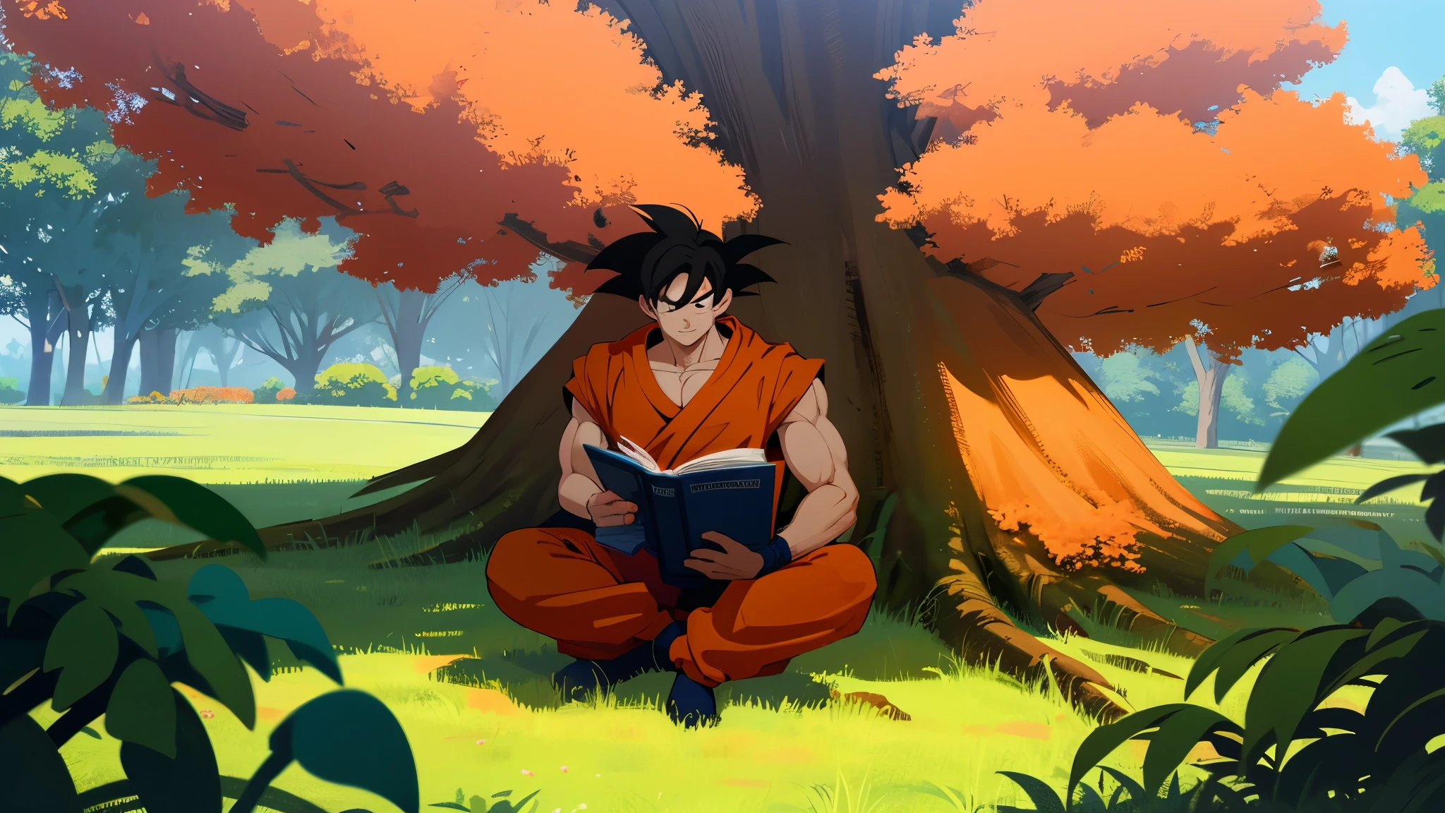 Goku sitting under a tree reading a book, ambiente gramado e tranquilo