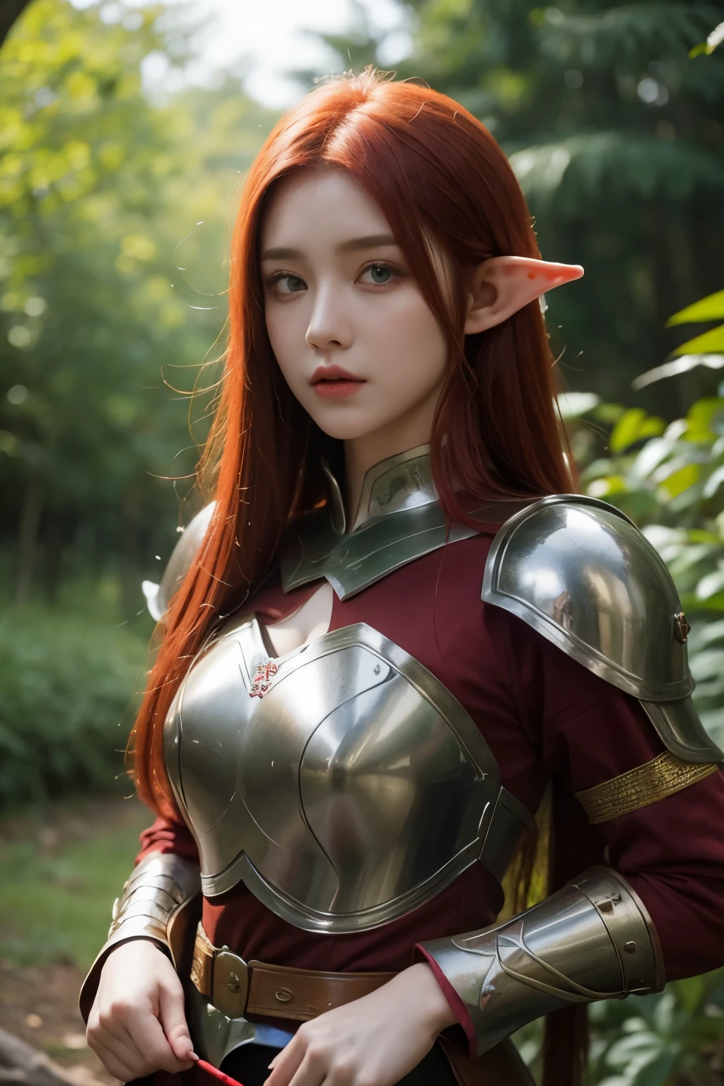 A girl, red hair, green eyes, warrior, dressed in medieval armor, medieval theme, elf ear, forest in the background, best quality, masterpiece, korean